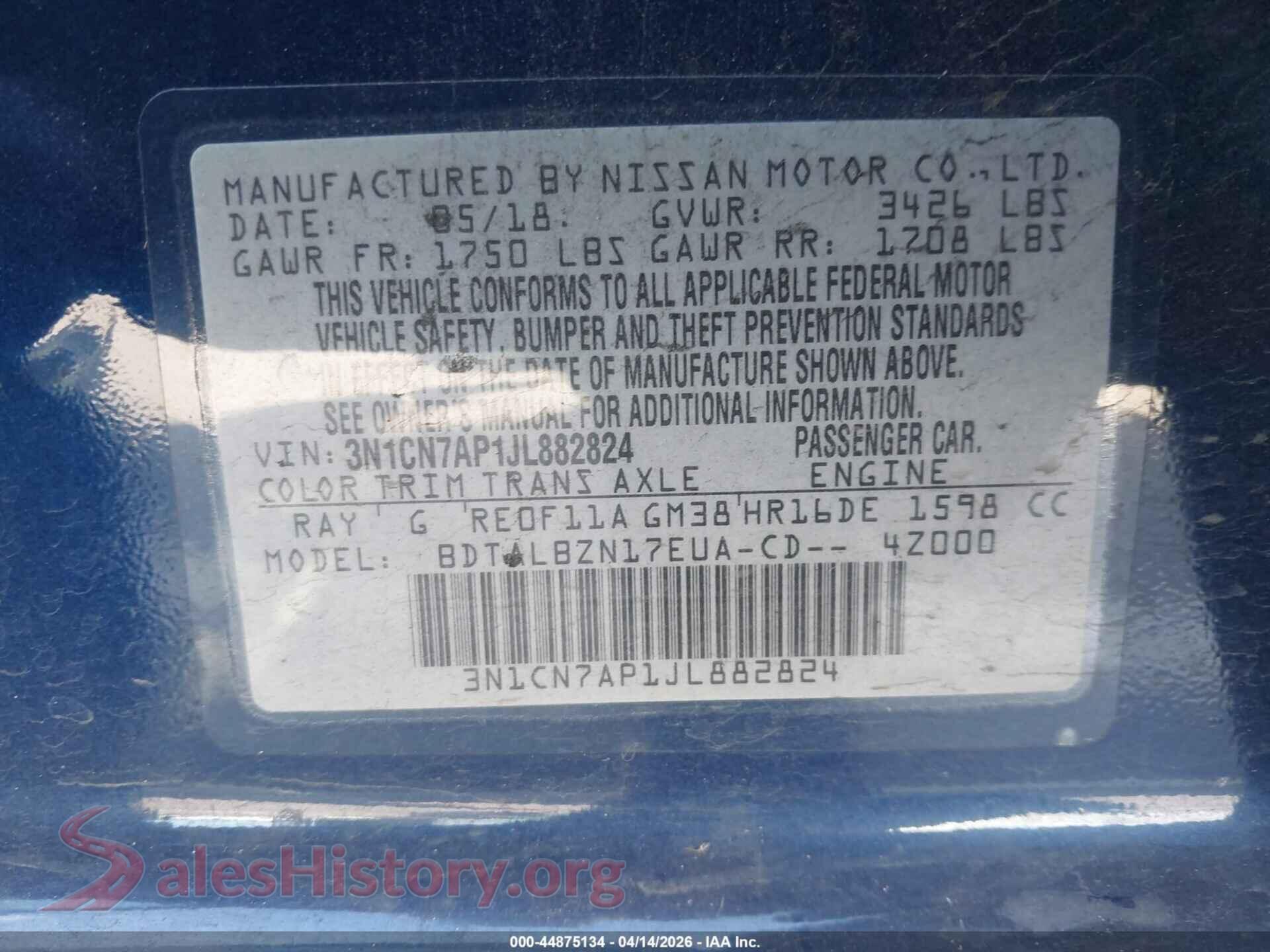 2018 NISSAN VERSA VIN 3N1CN7AP1JL882824, engine bay