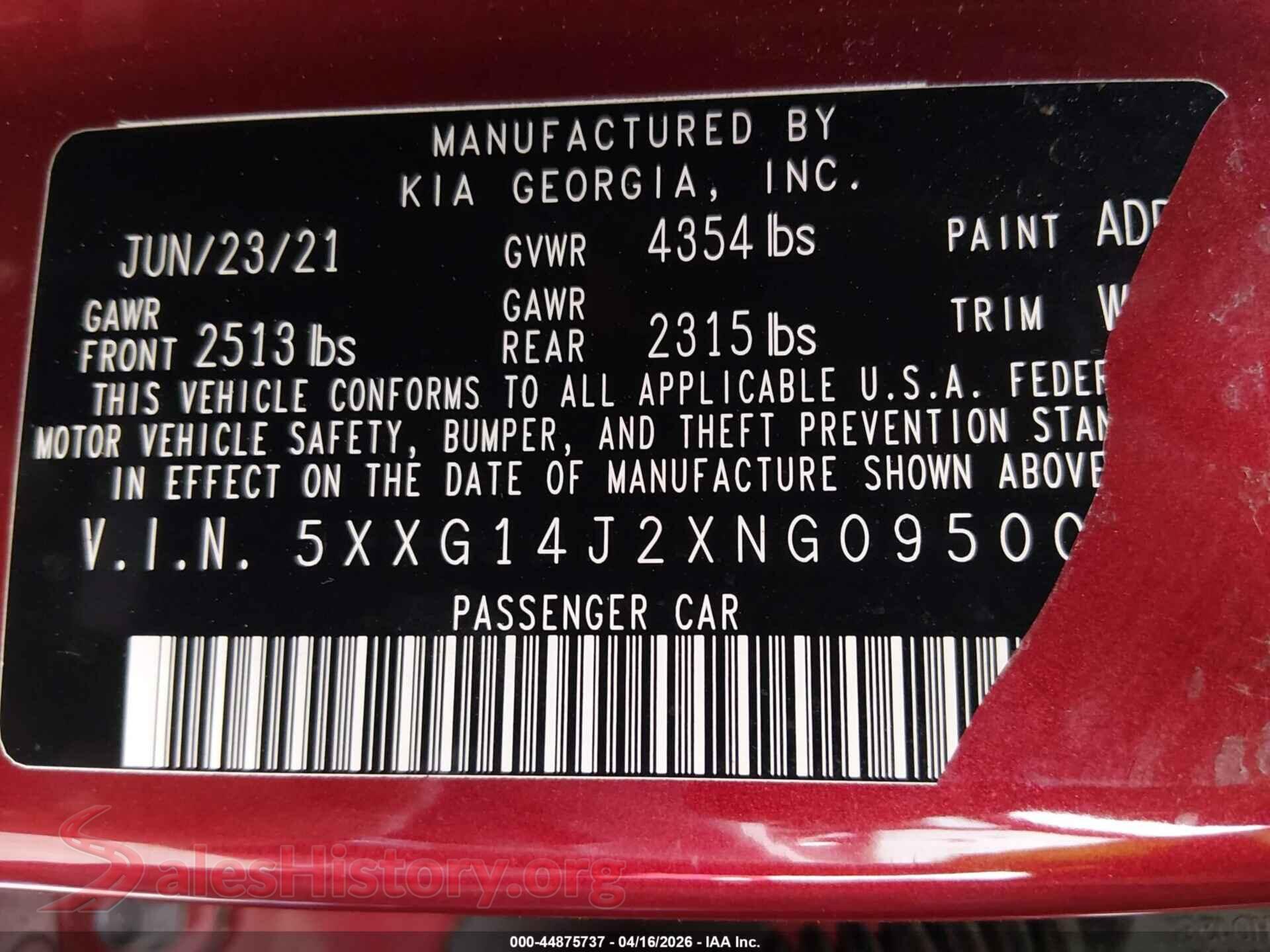 2022 KIA K5 VIN 5XXG14J2XNG095000, engine bay