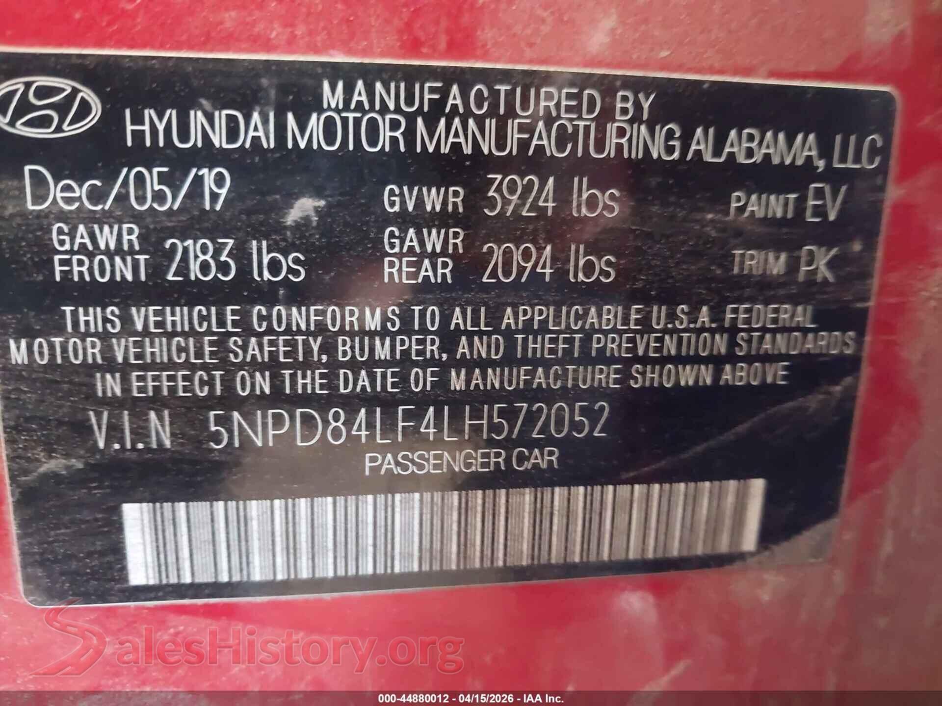 2020 HYUNDAI ELANTRA VIN 5NPD84LF4LH572052, engine bay