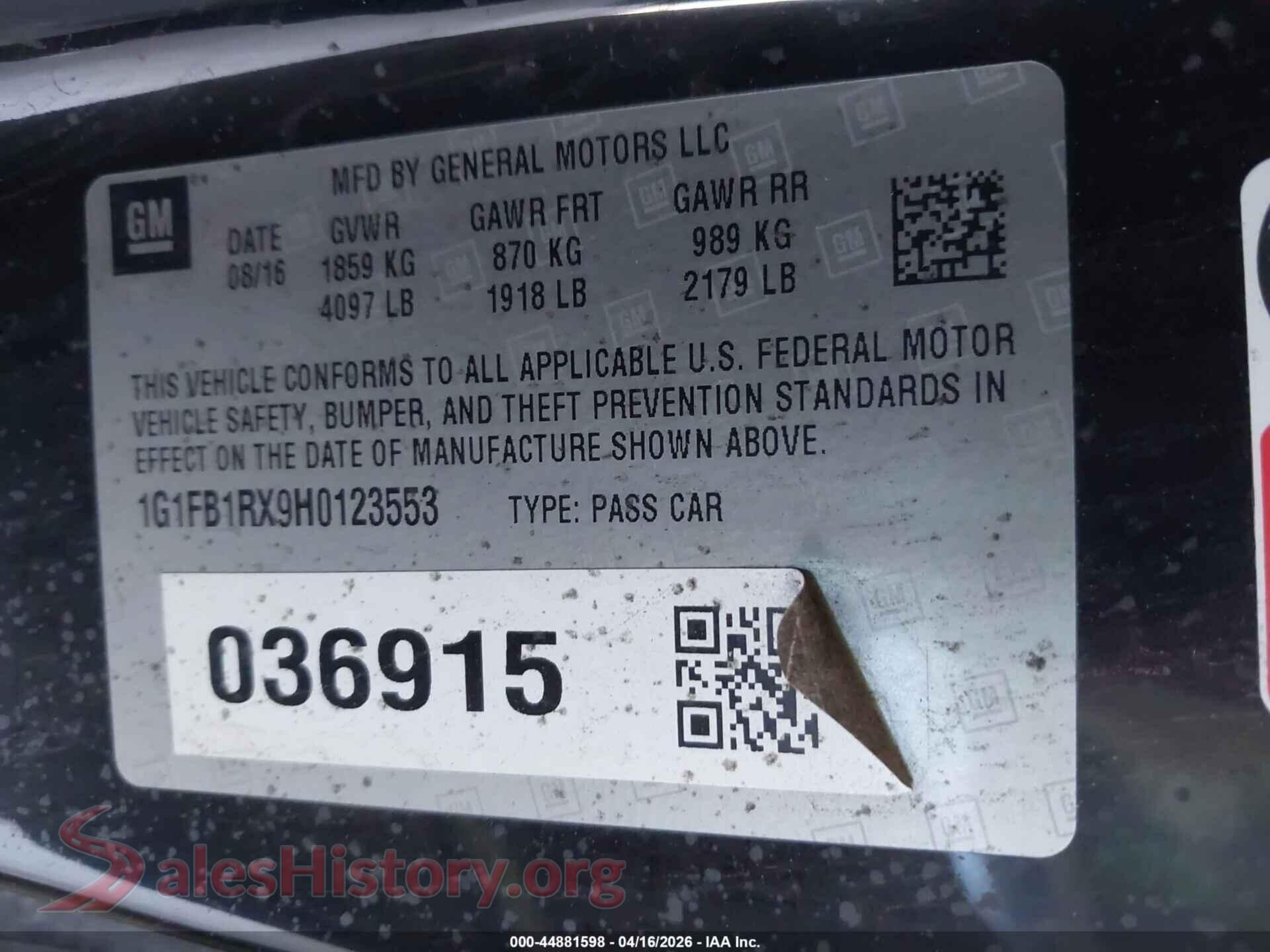 2017 CHEVROLET CAMARO VIN 1G1FB1RX9H0123553, engine bay