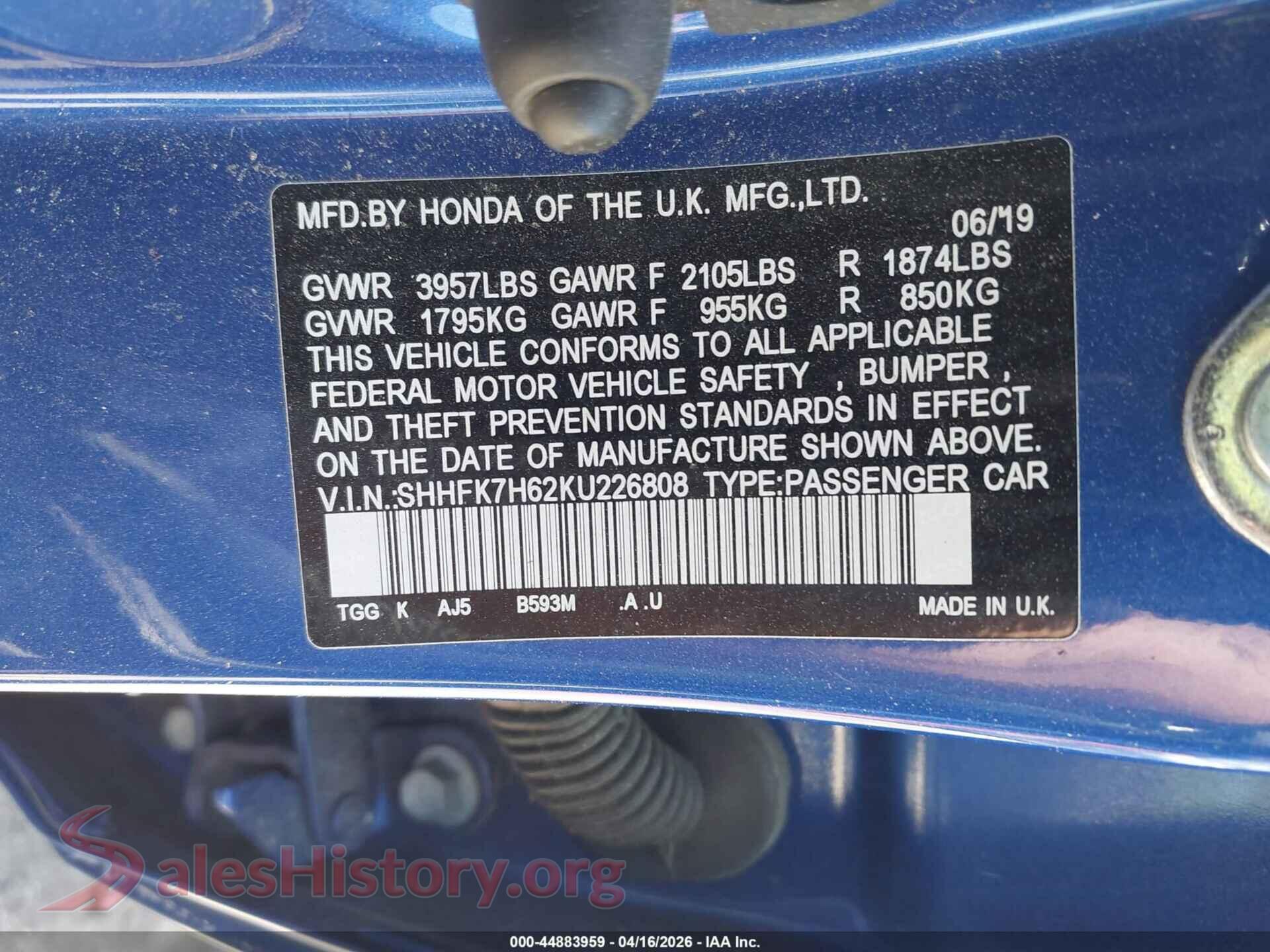 2019 HONDA CIVIC VIN SHHFK7H62KU226808, engine bay