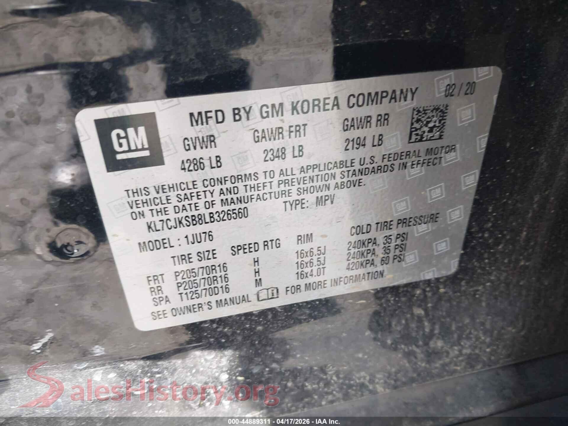 2020 CHEVROLET TRAX VIN KL7CJKSB8LB326560, engine bay