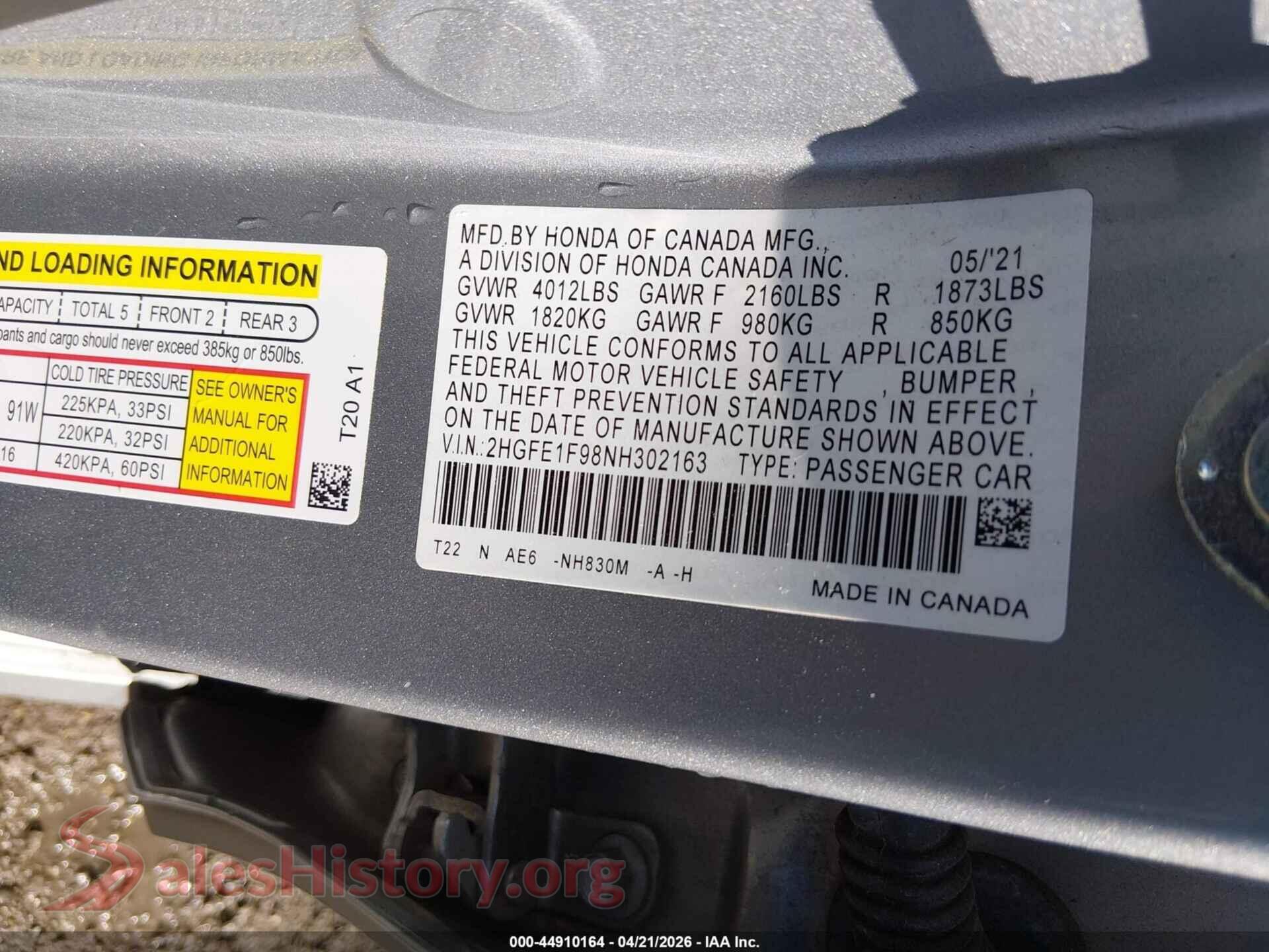 2022 HONDA CIVIC VIN 2HGFE1F98NH302163, engine bay