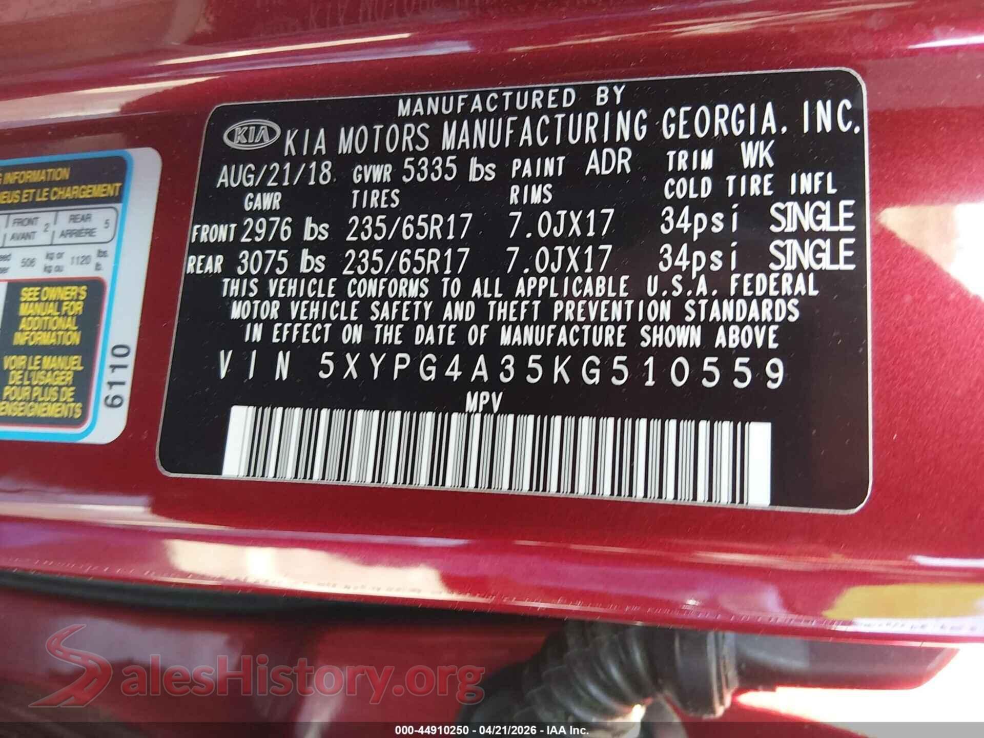 2019 KIA SORENTO VIN 5XYPG4A35KG510559, engine bay