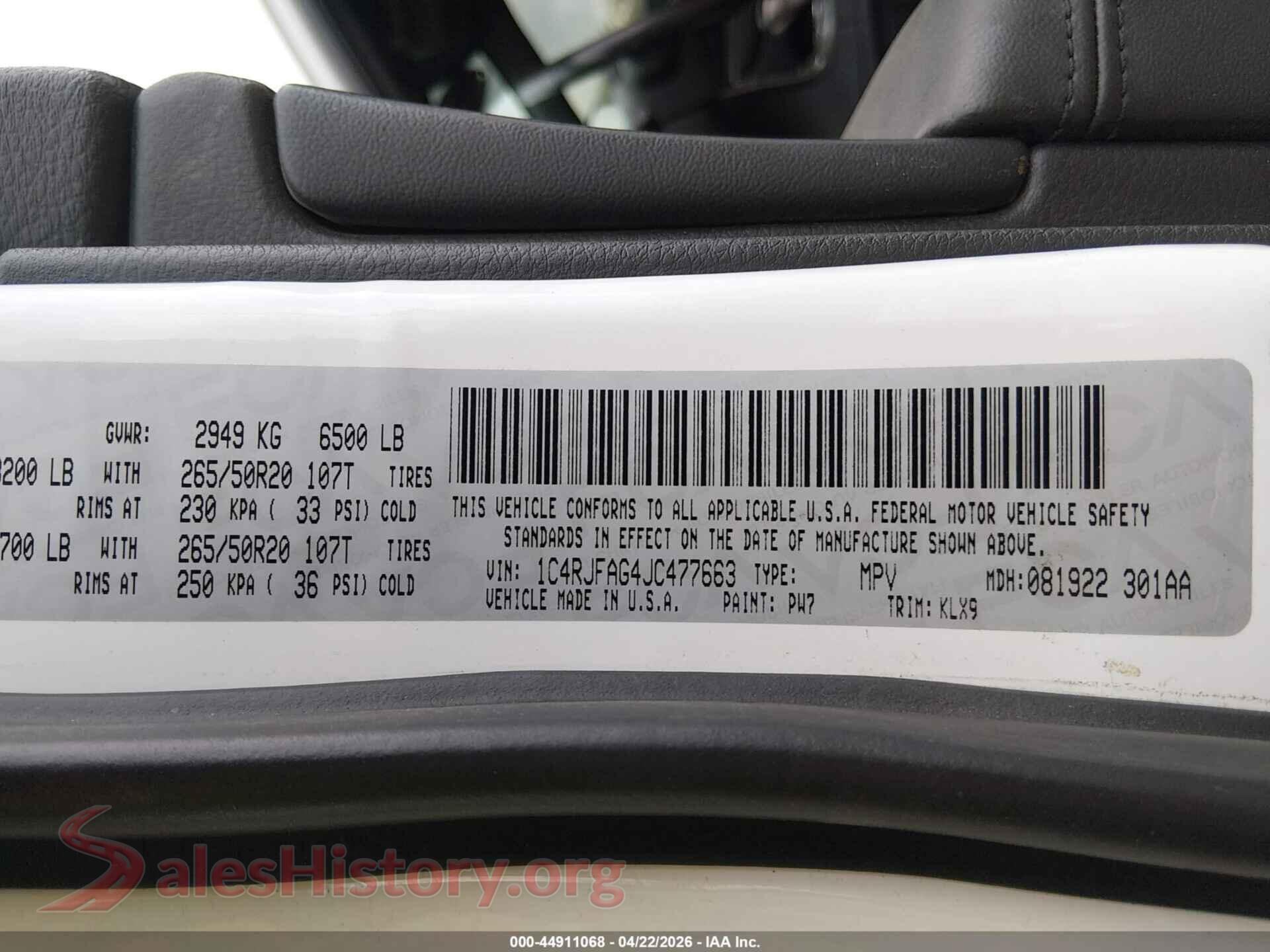 2018 JEEP GRAND CHEROKEE VIN 1C4RJFAG4JC477663, engine bay