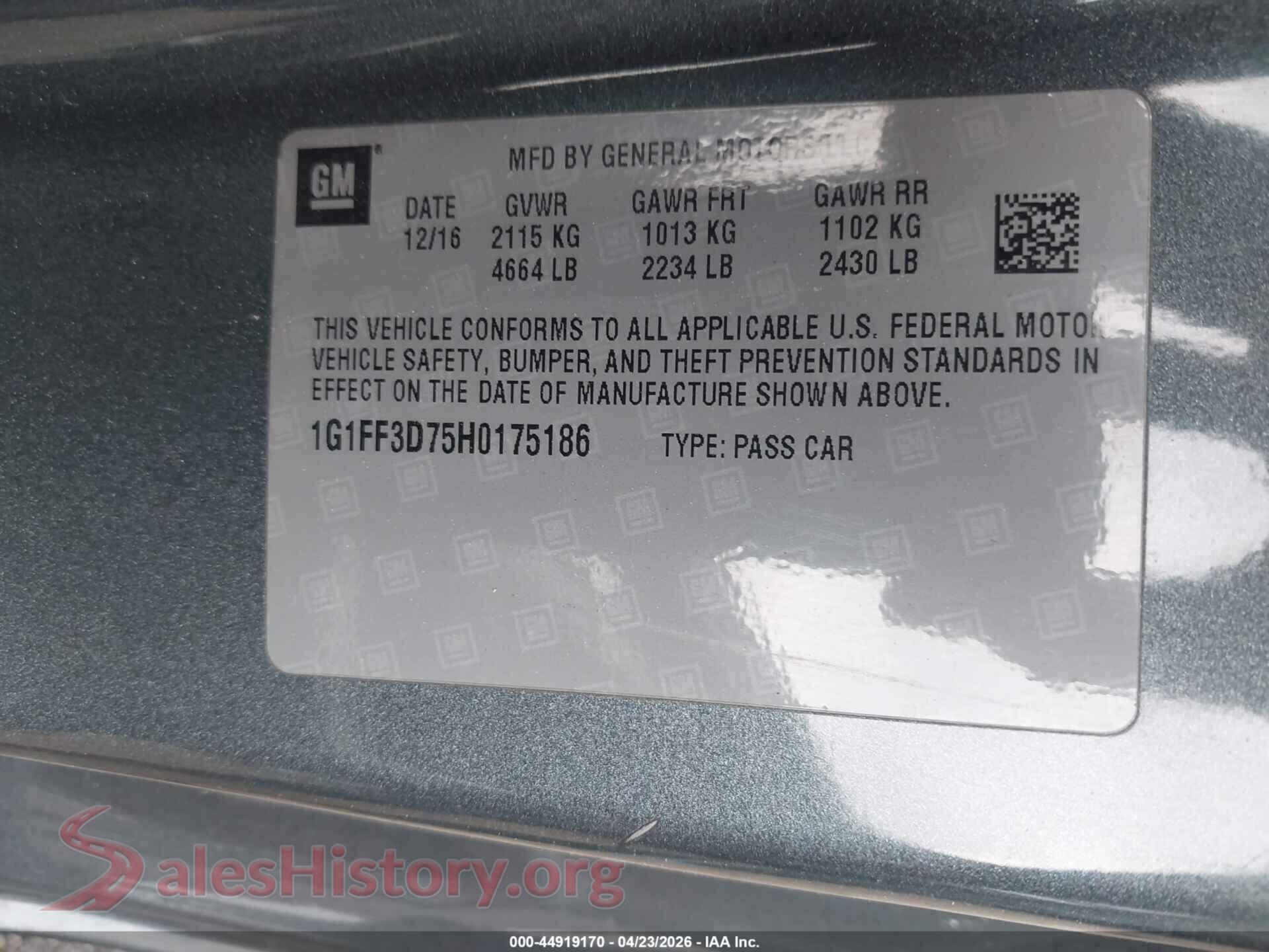 2017 CHEVROLET CAMARO VIN 1G1FF3D75H0175186, engine bay