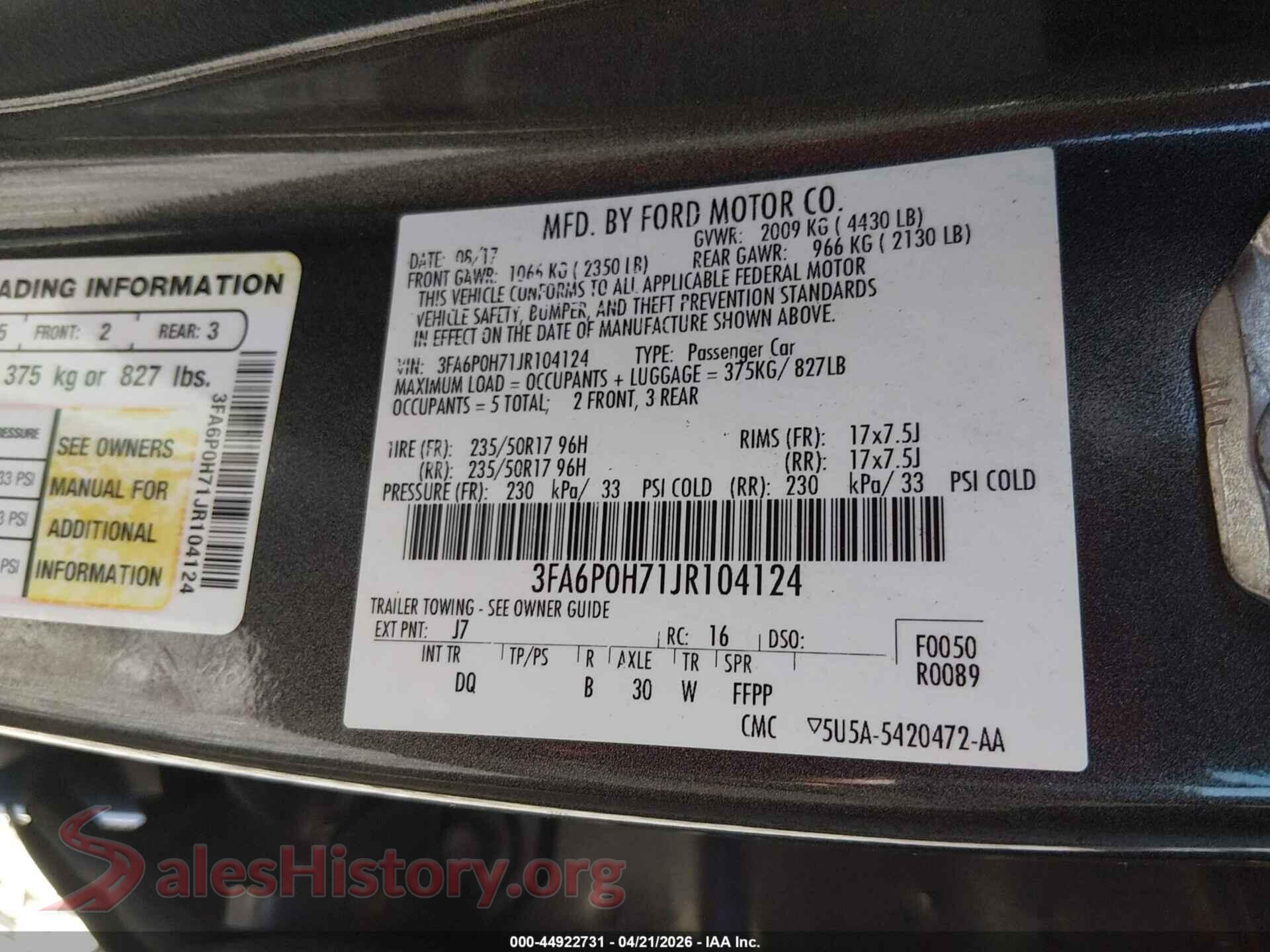2018 FORD FUSION VIN 3FA6P0H71JR104124, engine bay