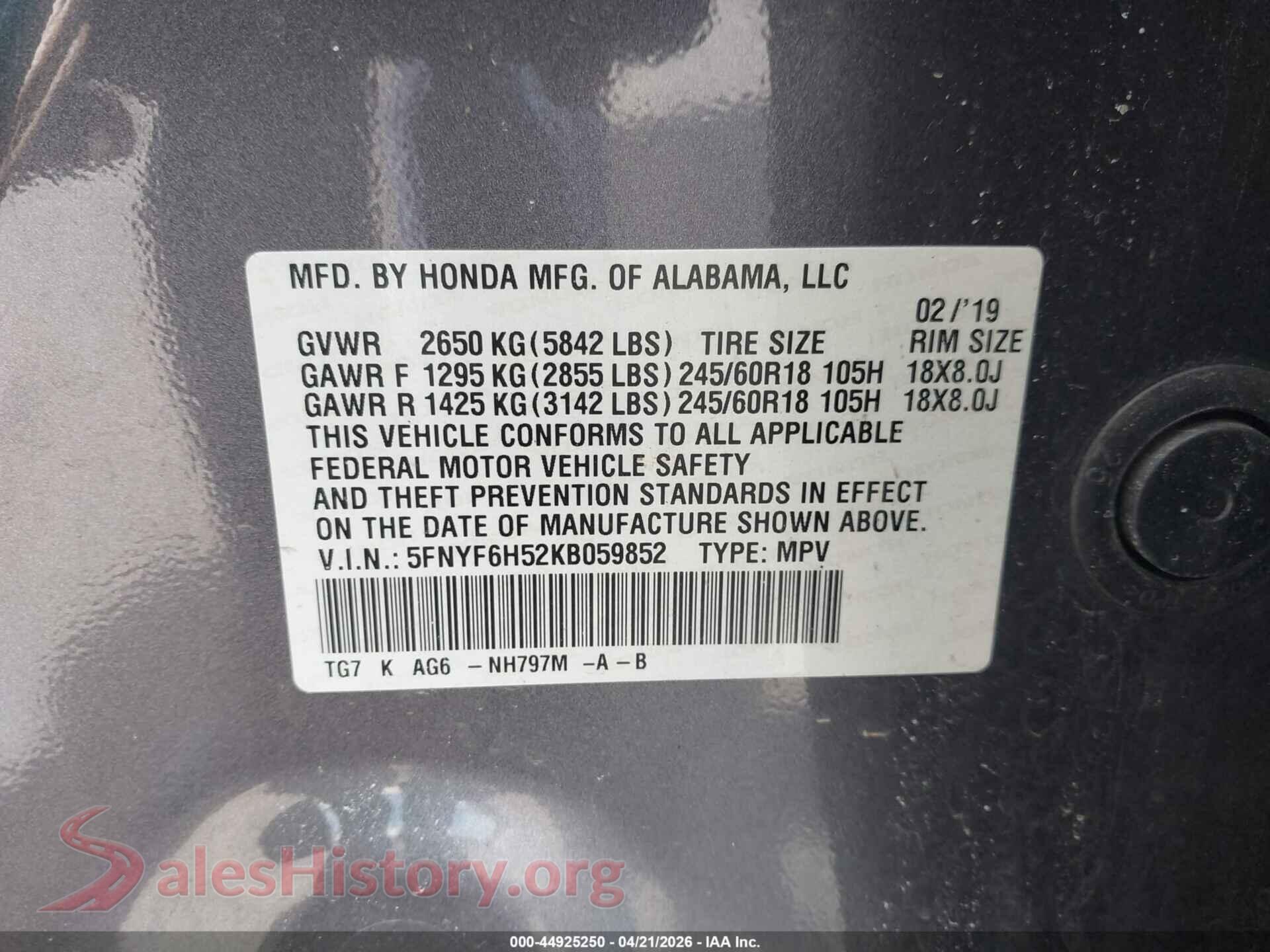 2019 HONDA PILOT VIN 5FNYF6H52KB059852, engine bay