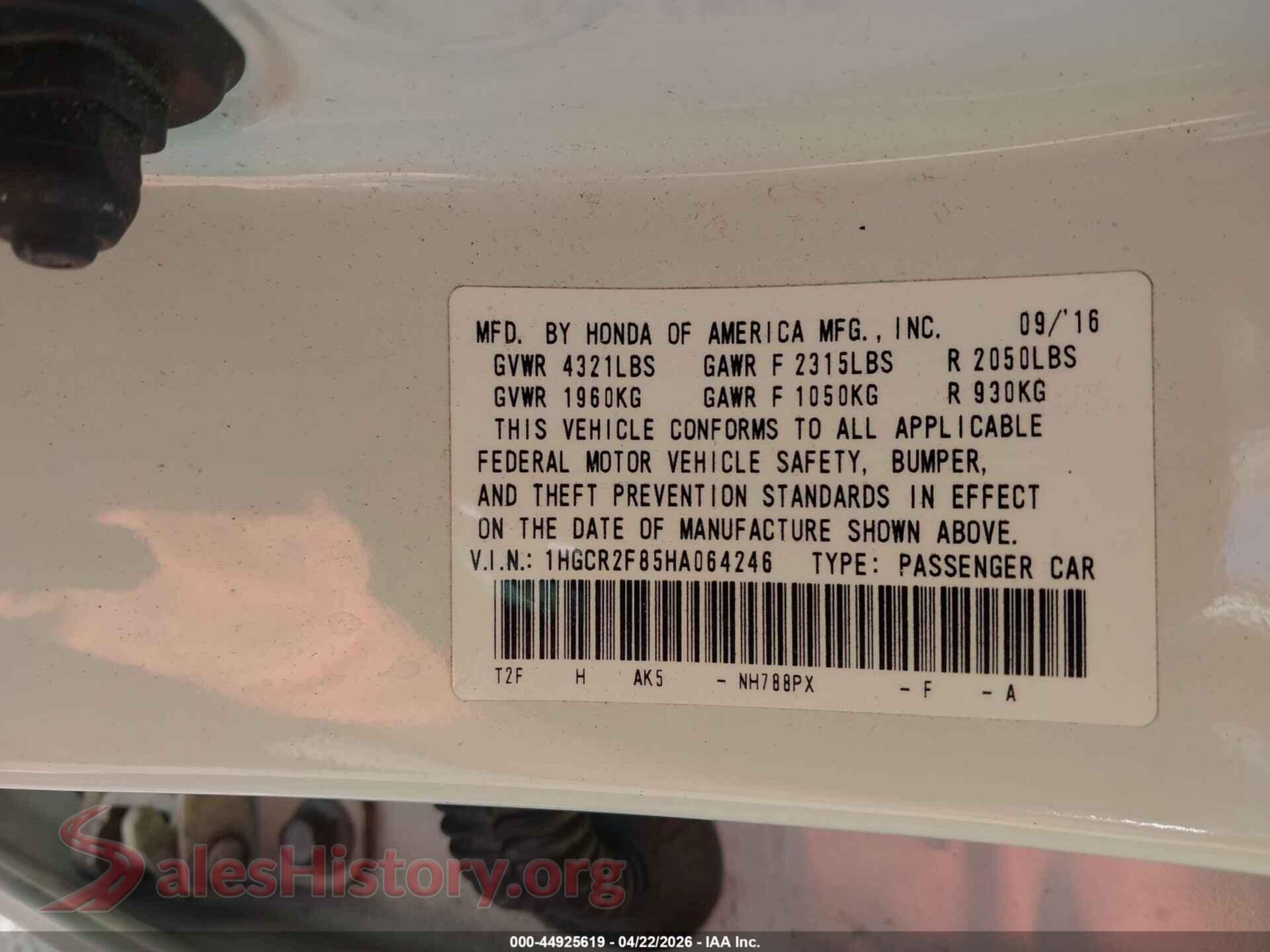 2017 HONDA ACCORD VIN 1HGCR2F85HA064246, engine bay