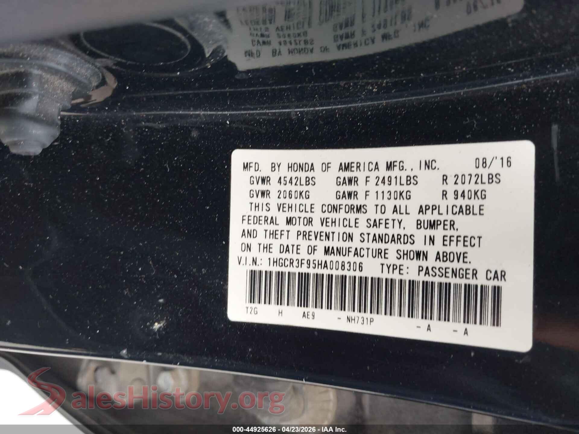 2017 HONDA ACCORD VIN 1HGCR3F95HA008306, engine bay