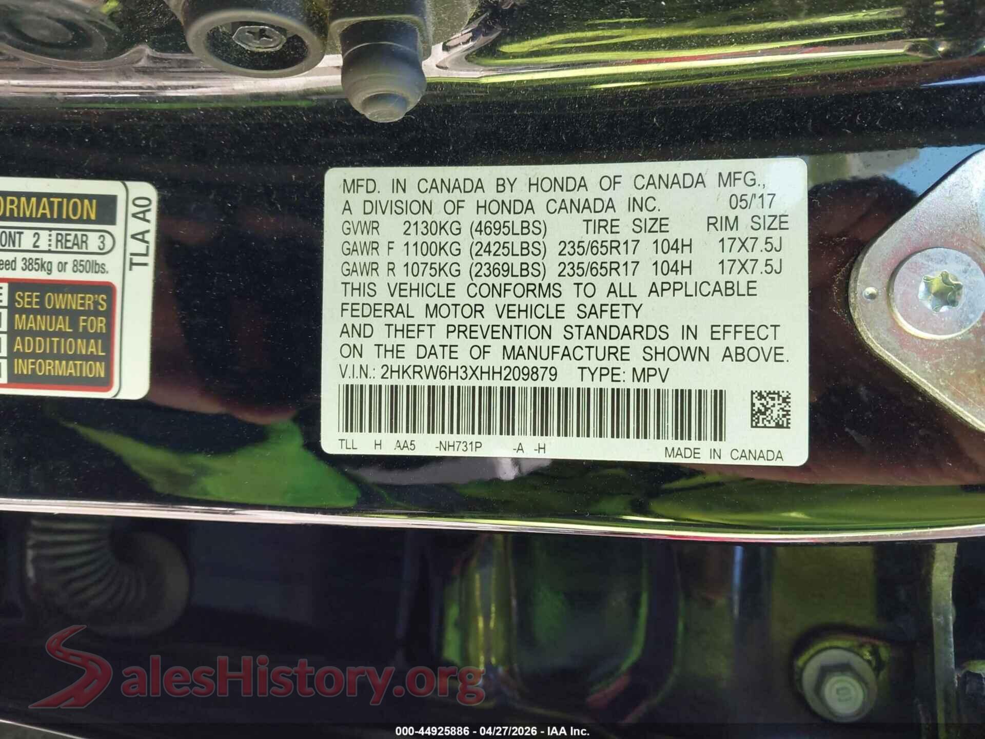2017 HONDA CR-V VIN 2HKRW6H3XHH209879, engine bay