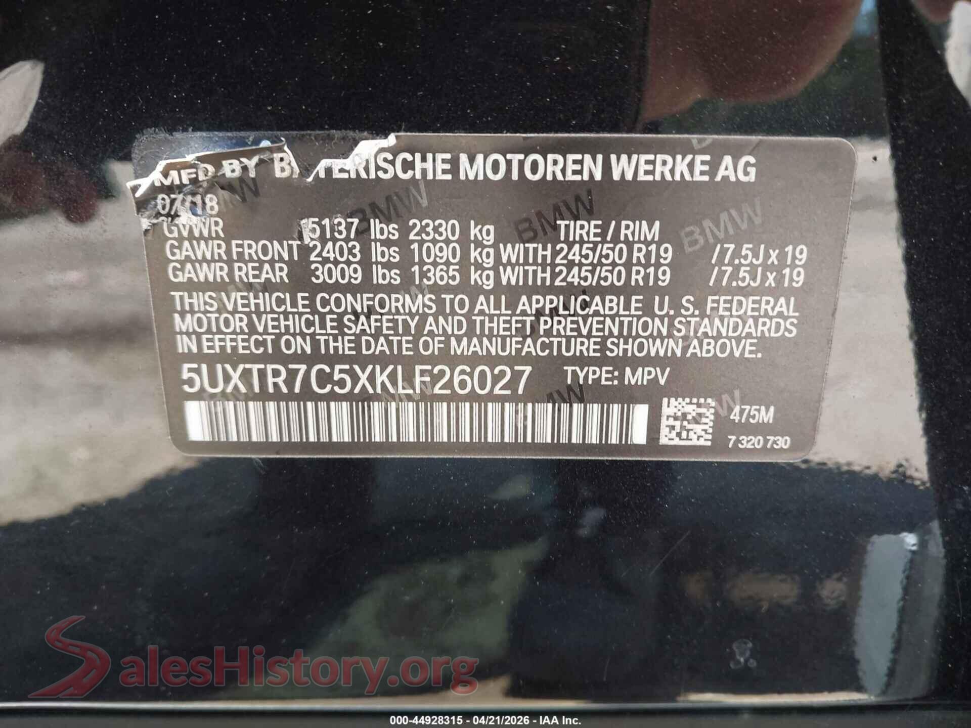 2019 BMW X3 VIN 5UXTR7C5XKLF26027, engine bay