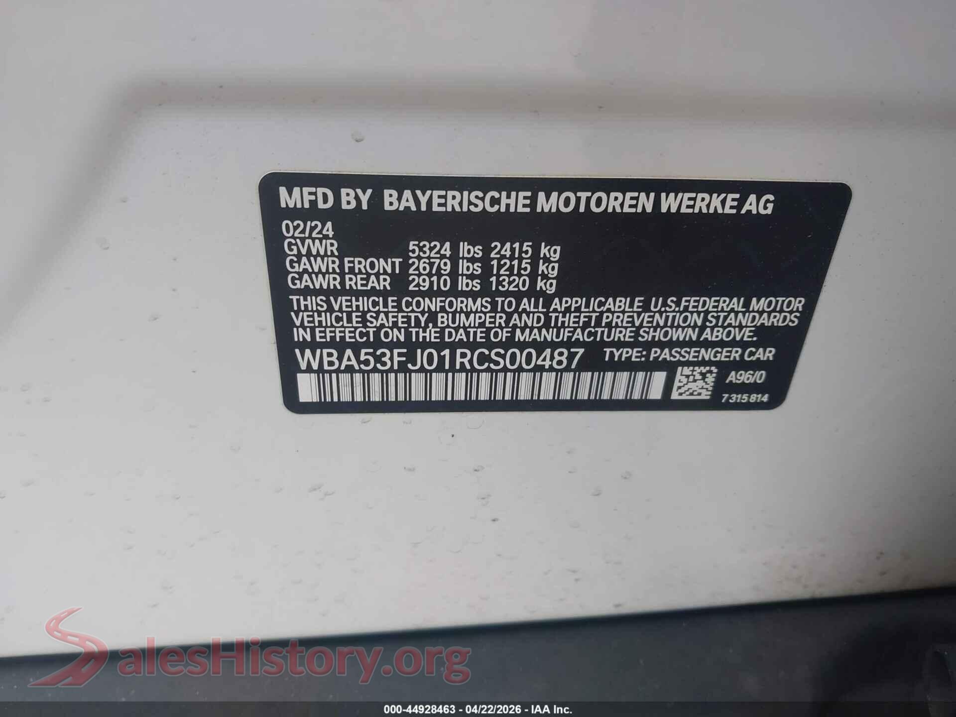 2024 BMW 530I VIN WBA53FJ01RCS00487, engine bay