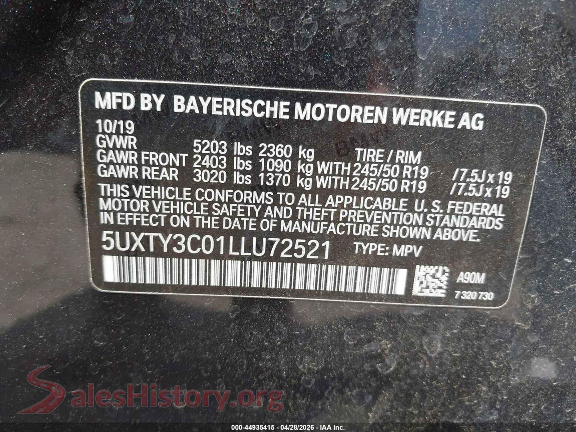 2020 BMW X3 VIN 5UXTY3C01LLU72521, engine bay