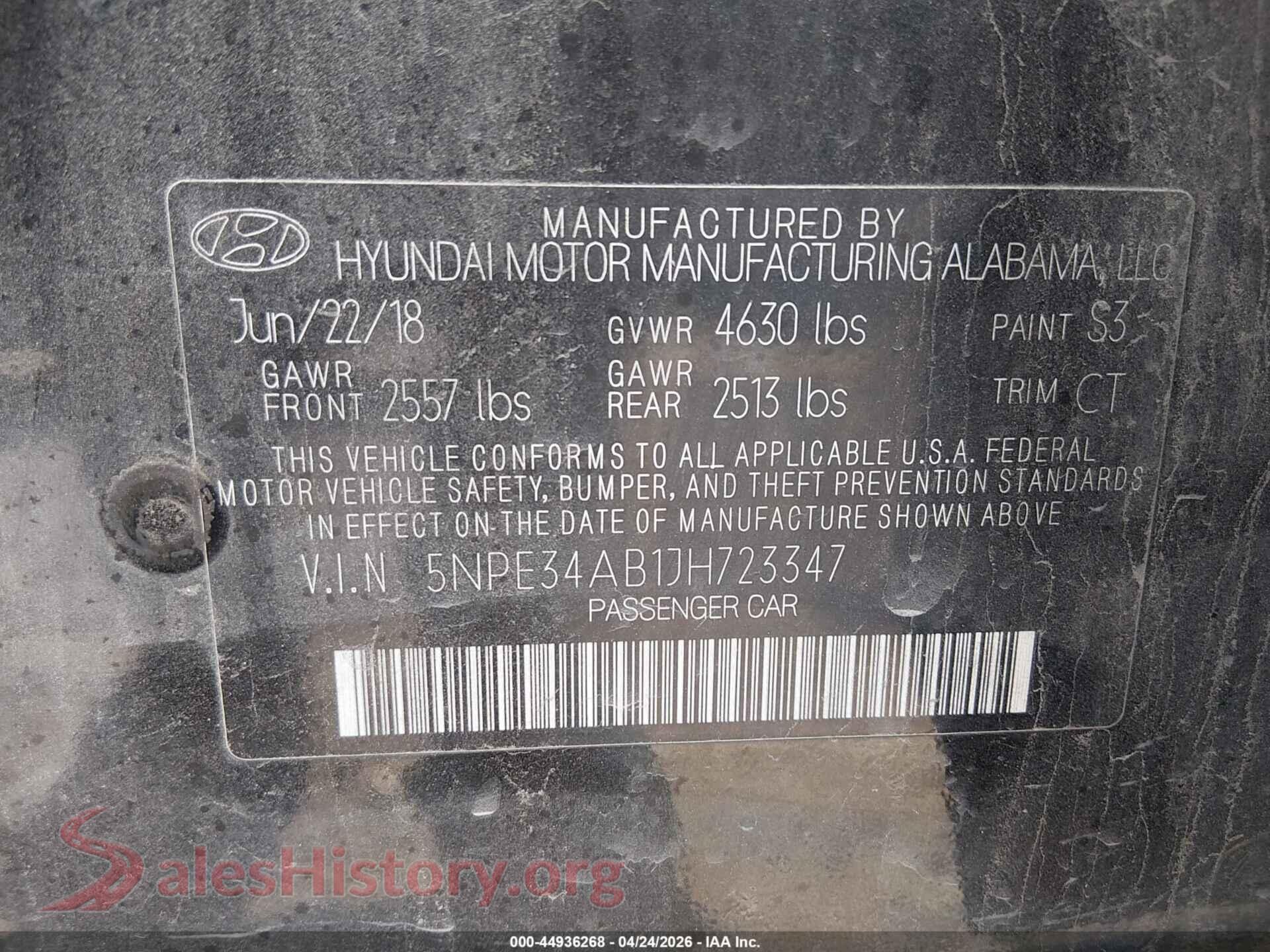 2018 HYUNDAI SONATA VIN 5NPE34AB1JH723347, engine bay
