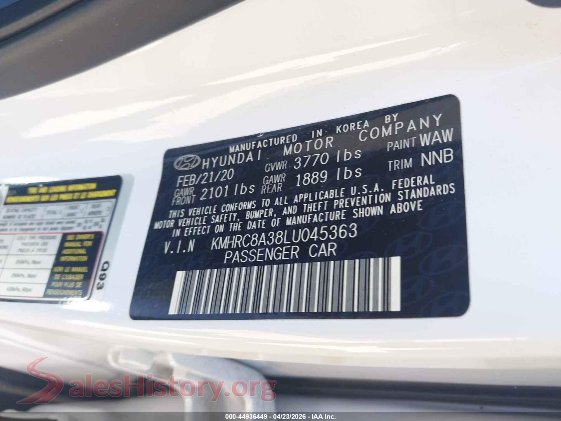 2020 HYUNDAI VENUE VIN KMHRC8A38LU045363, engine bay