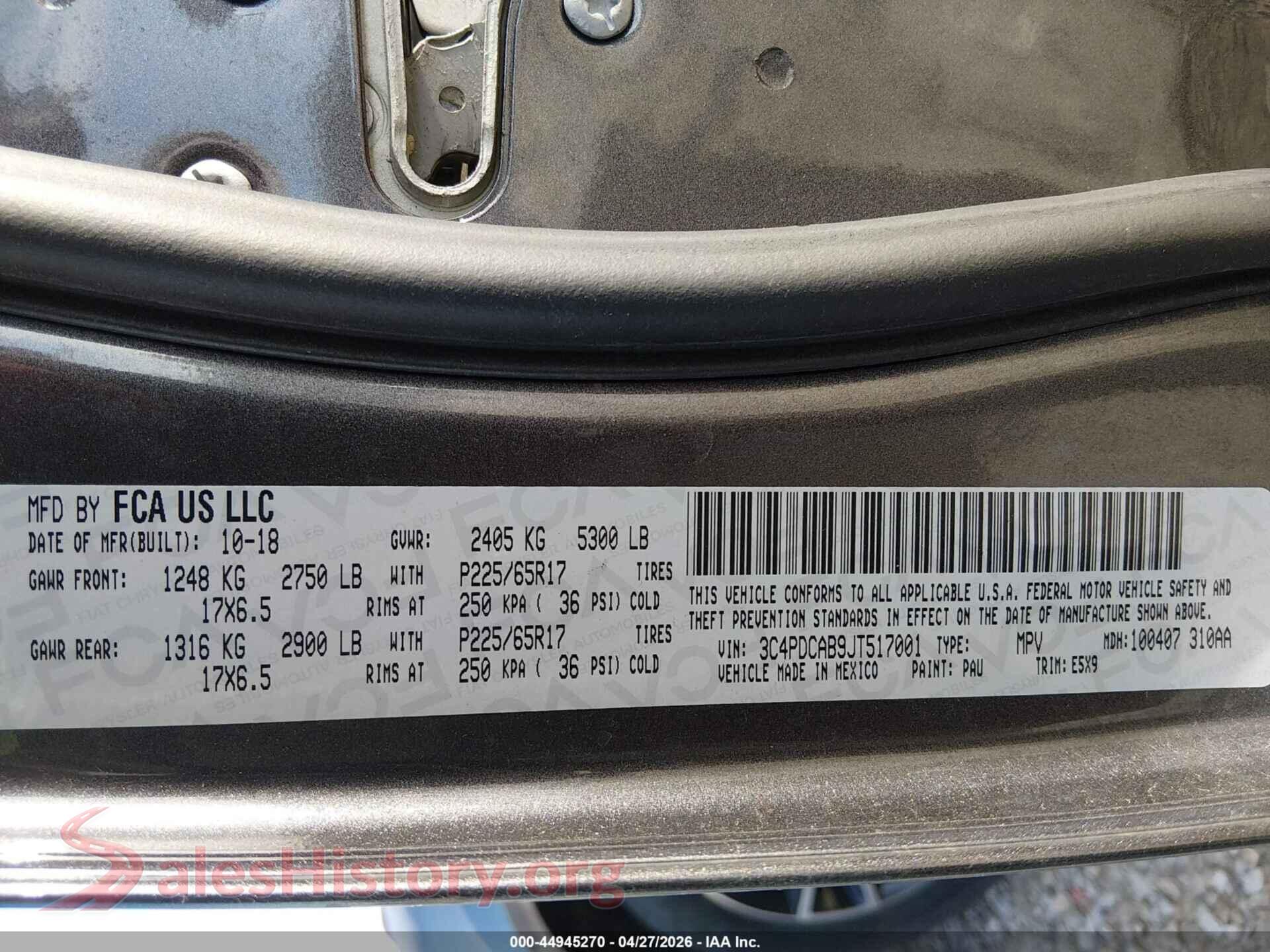 2018 DODGE JOURNEY VIN 3C4PDCAB9JT517001, engine bay