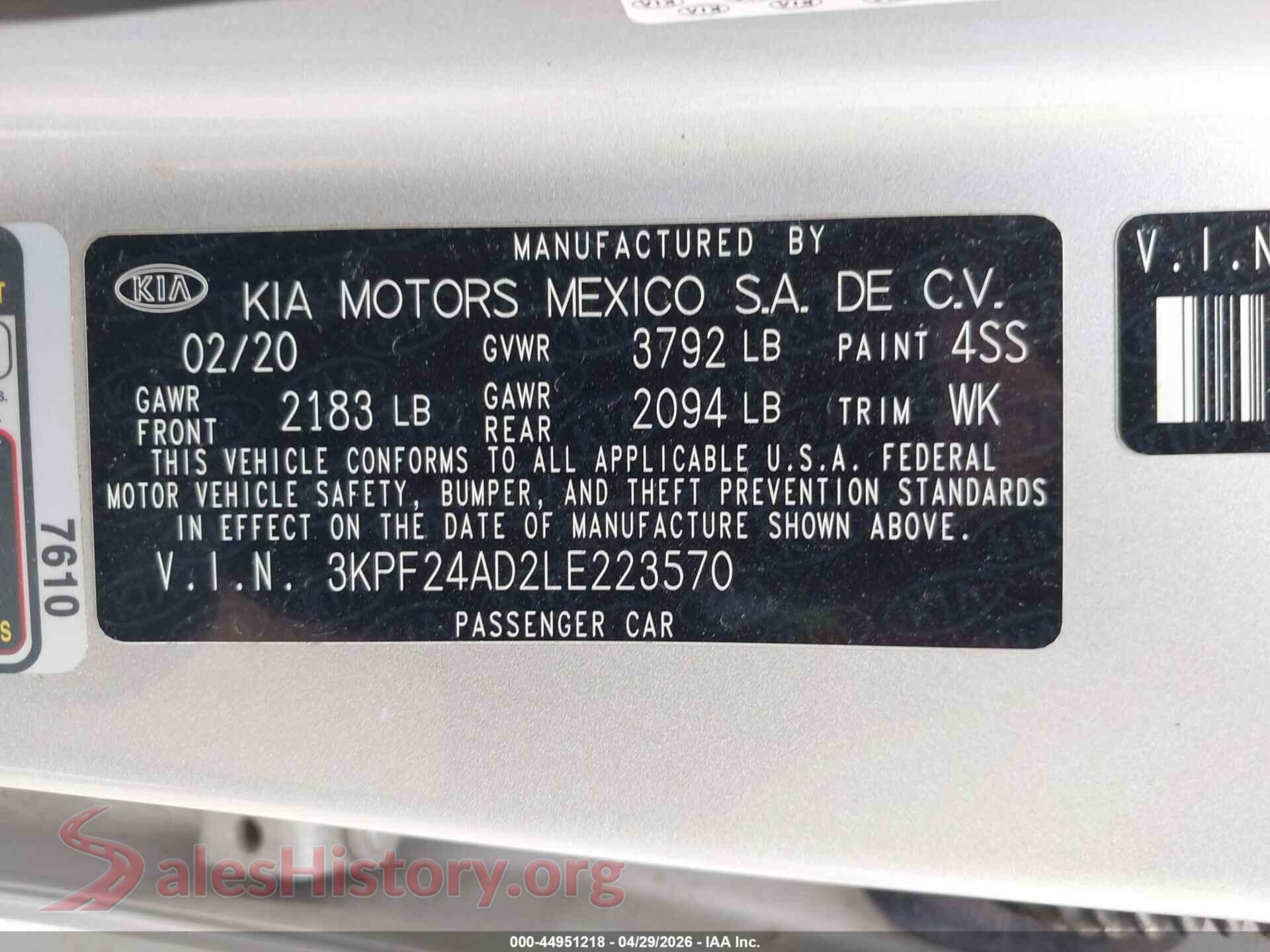 2020 KIA FORTE VIN 3KPF24AD2LE223570, engine bay