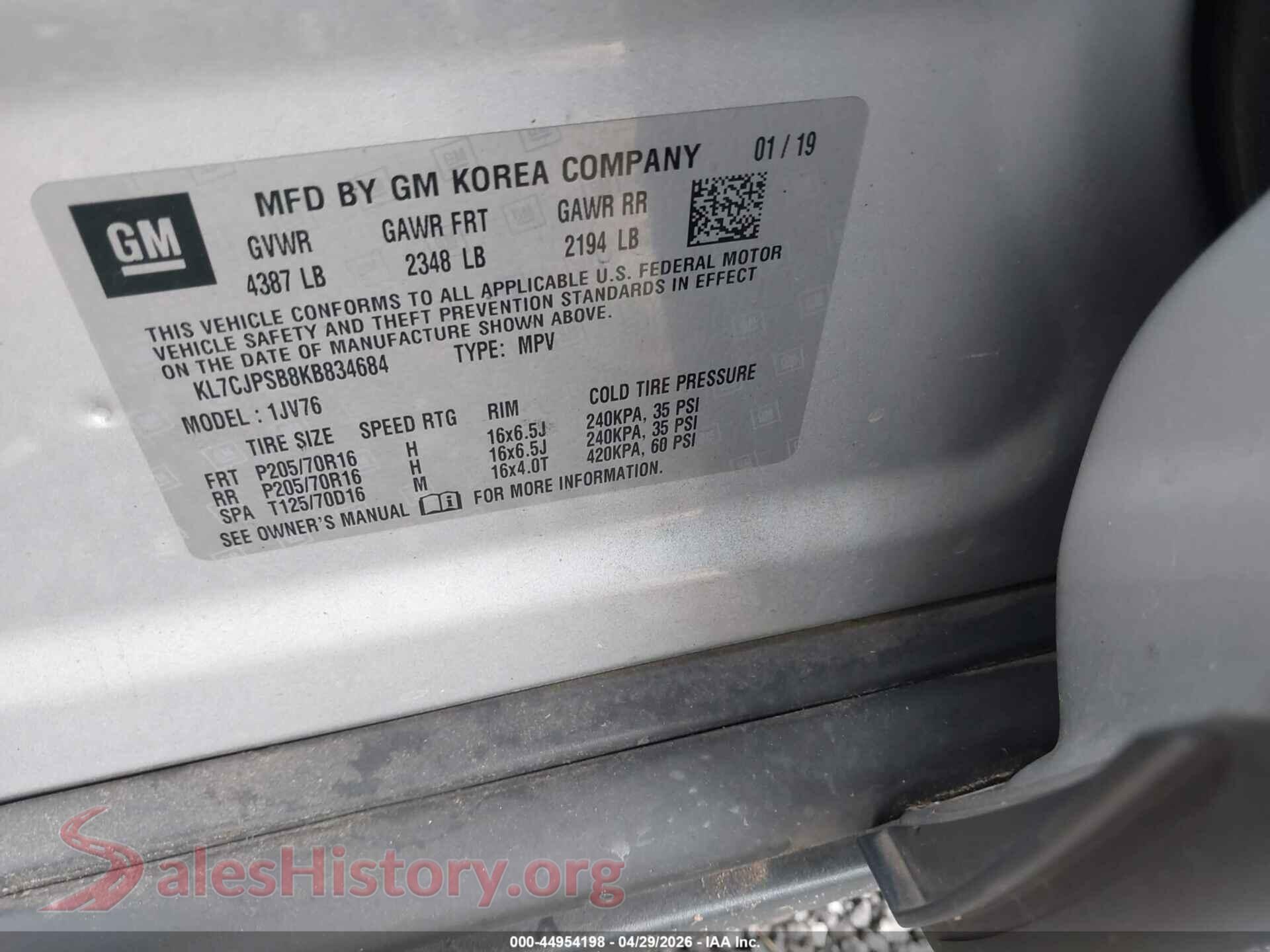 2019 CHEVROLET TRAX VIN KL7CJPSB8KB834684, engine bay