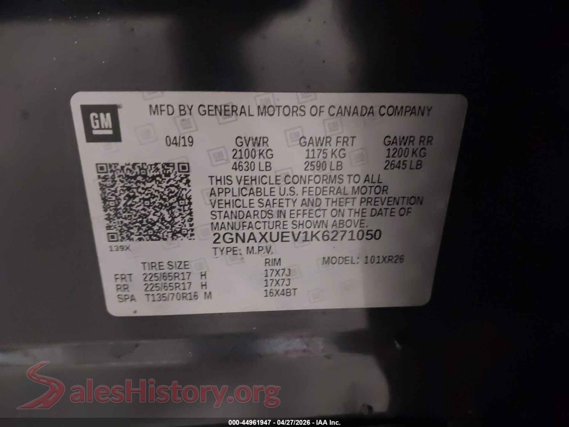 2019 CHEVROLET EQUINOX VIN 2GNAXUEV1K6271050, engine bay