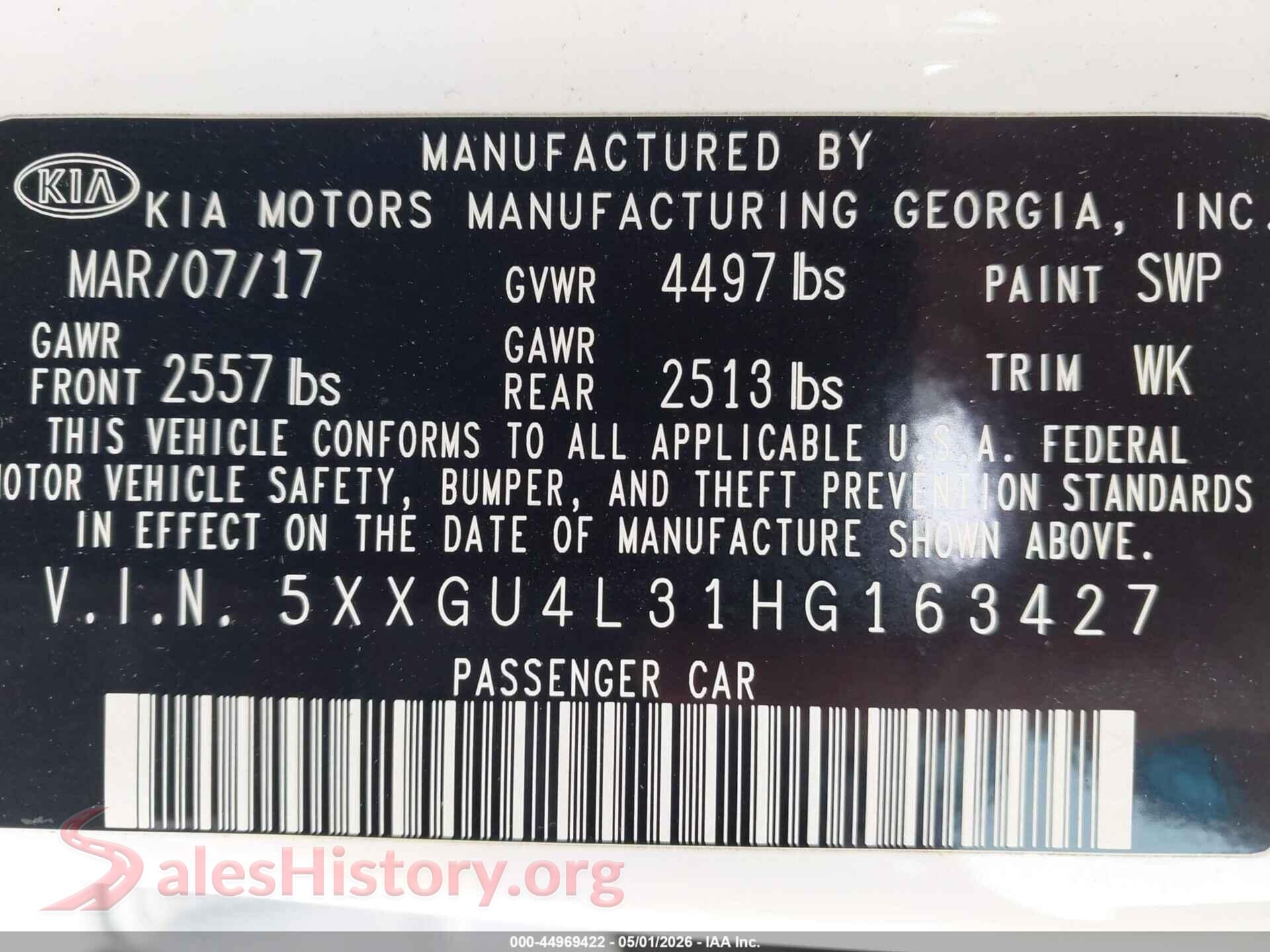 2017 KIA OPTIMA VIN 5XXGU4L31HG163427, engine bay
