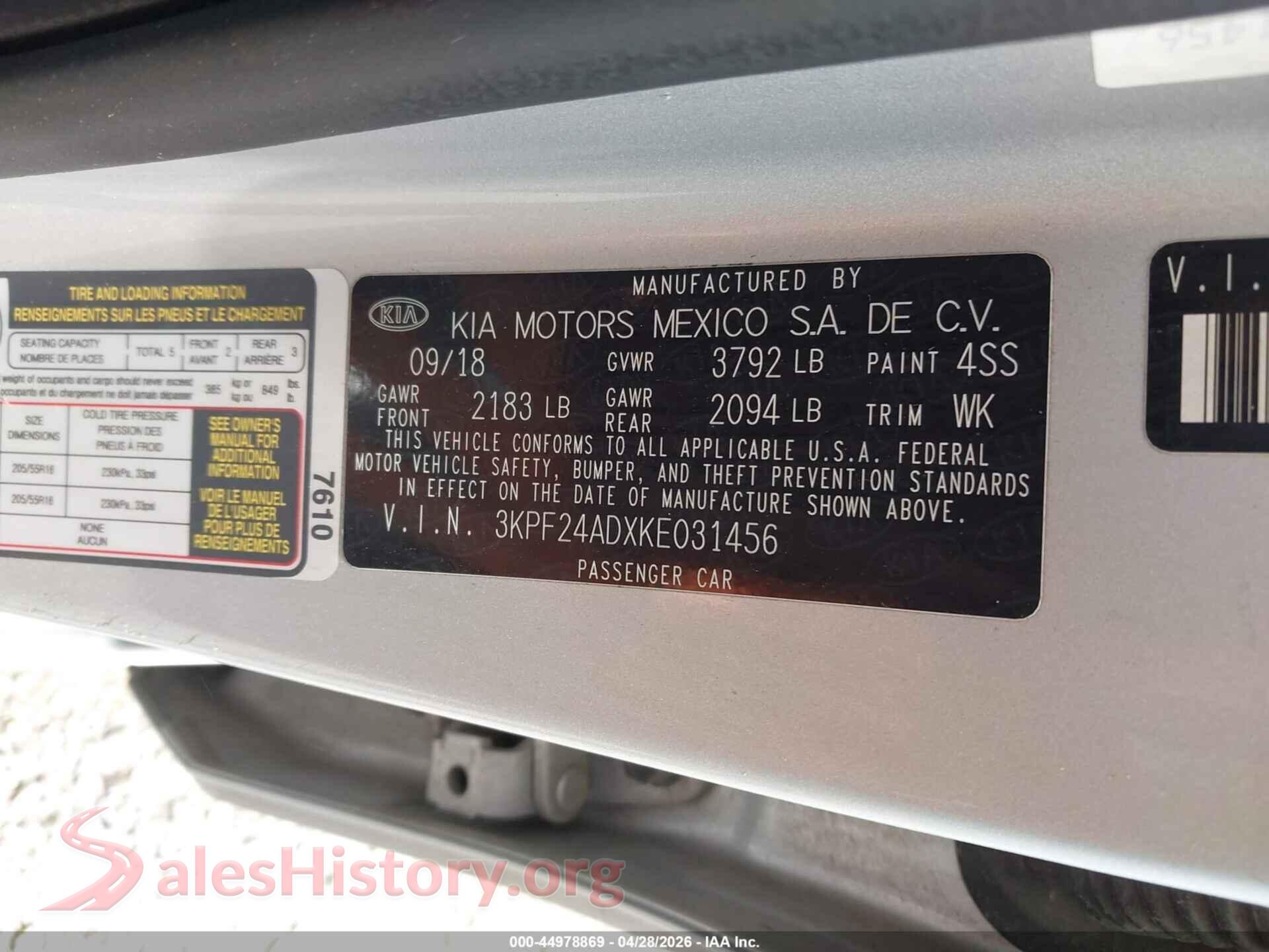 2019 KIA FORTE VIN 3KPF24ADXKE031456, engine bay