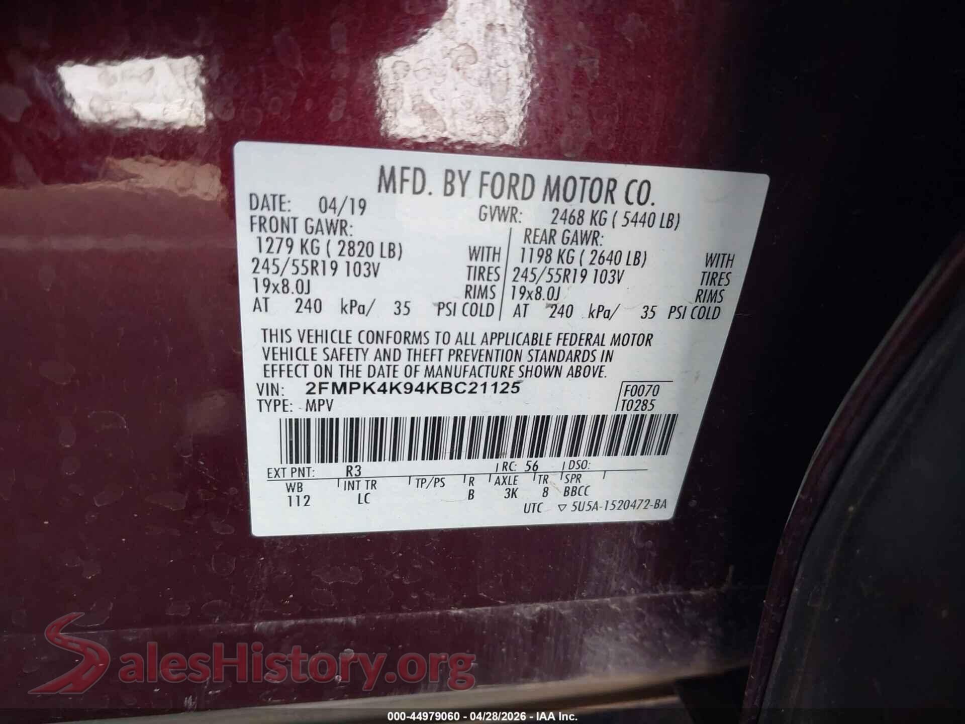 2019 FORD EDGE VIN 2FMPK4K94KBC21125, engine bay