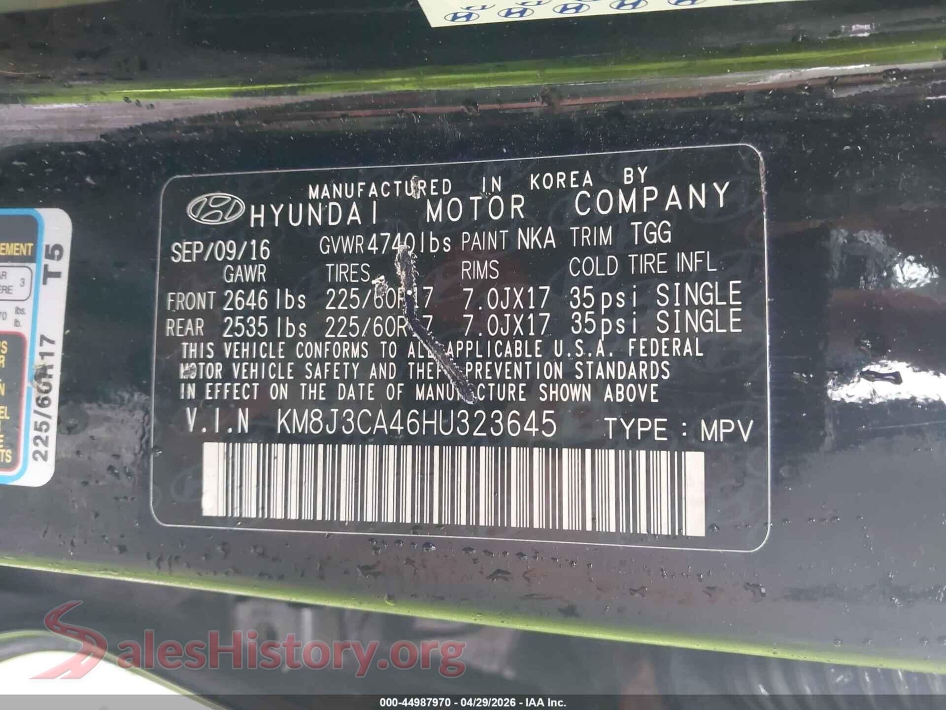 2017 HYUNDAI TUCSON VIN KM8J3CA46HU323645, engine bay