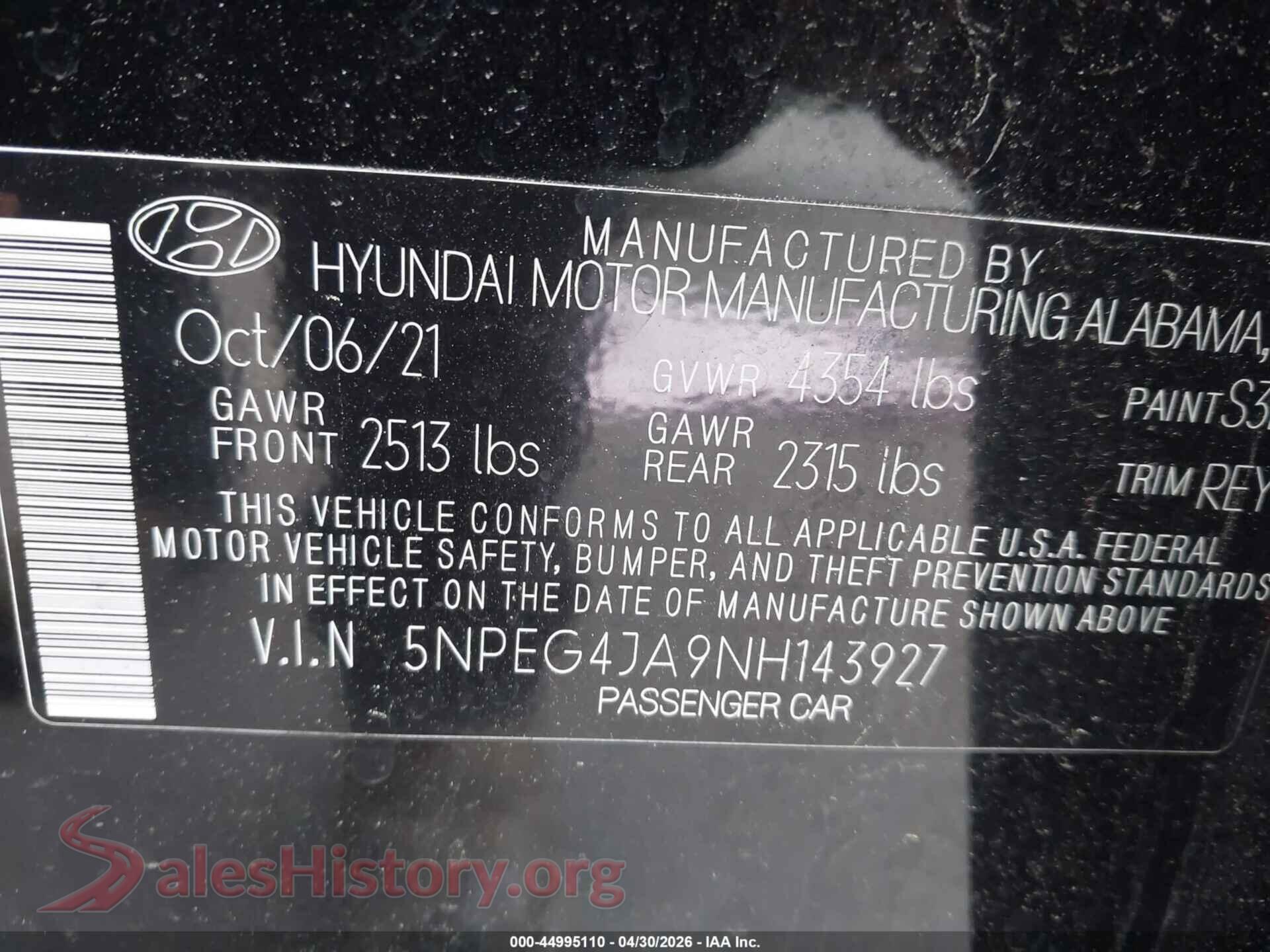 2022 HYUNDAI SONATA VIN 5NPEG4JA9NH143927, engine bay