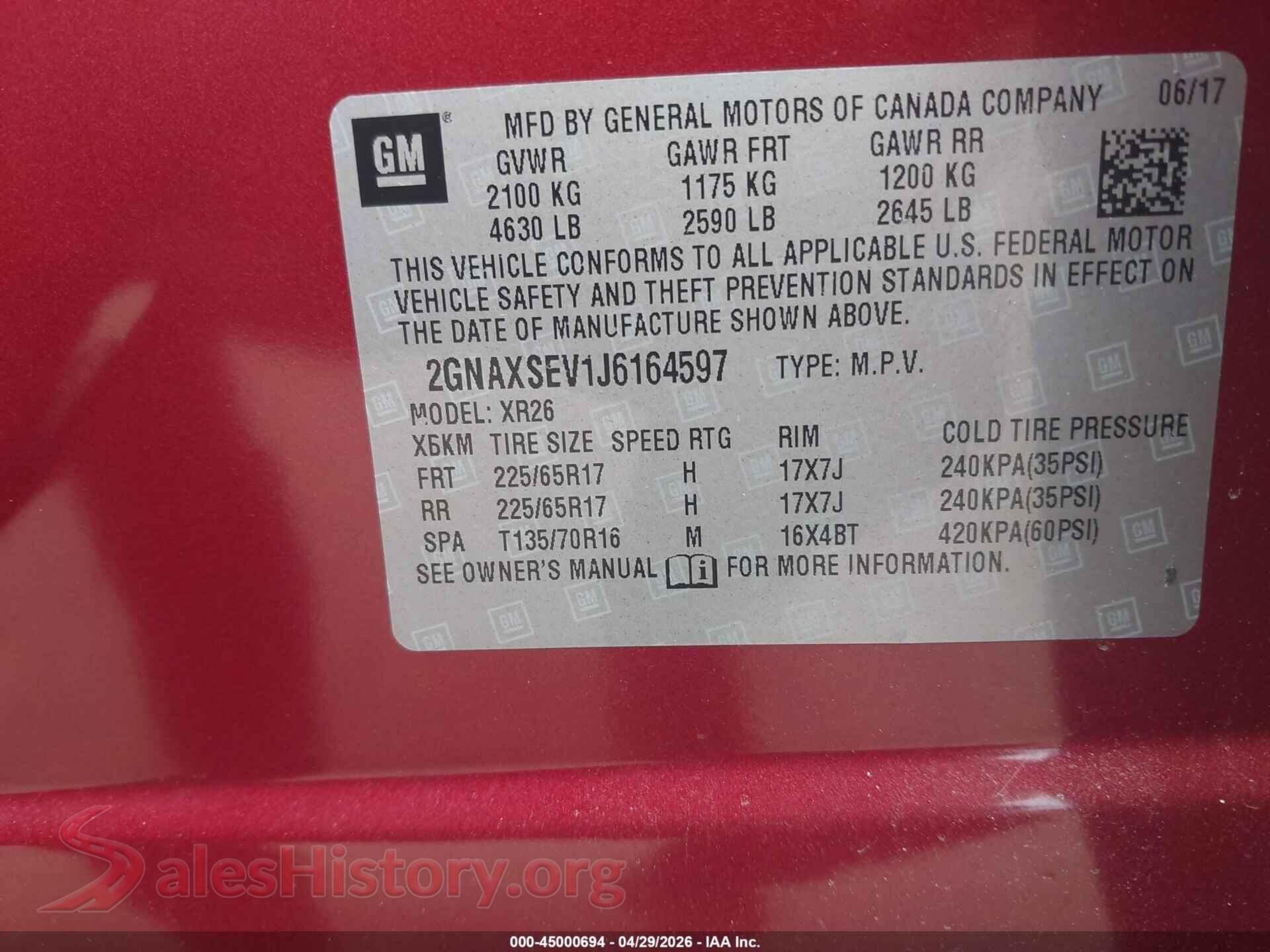 2018 CHEVROLET EQUINOX VIN 2GNAXSEV1J6164597, engine bay