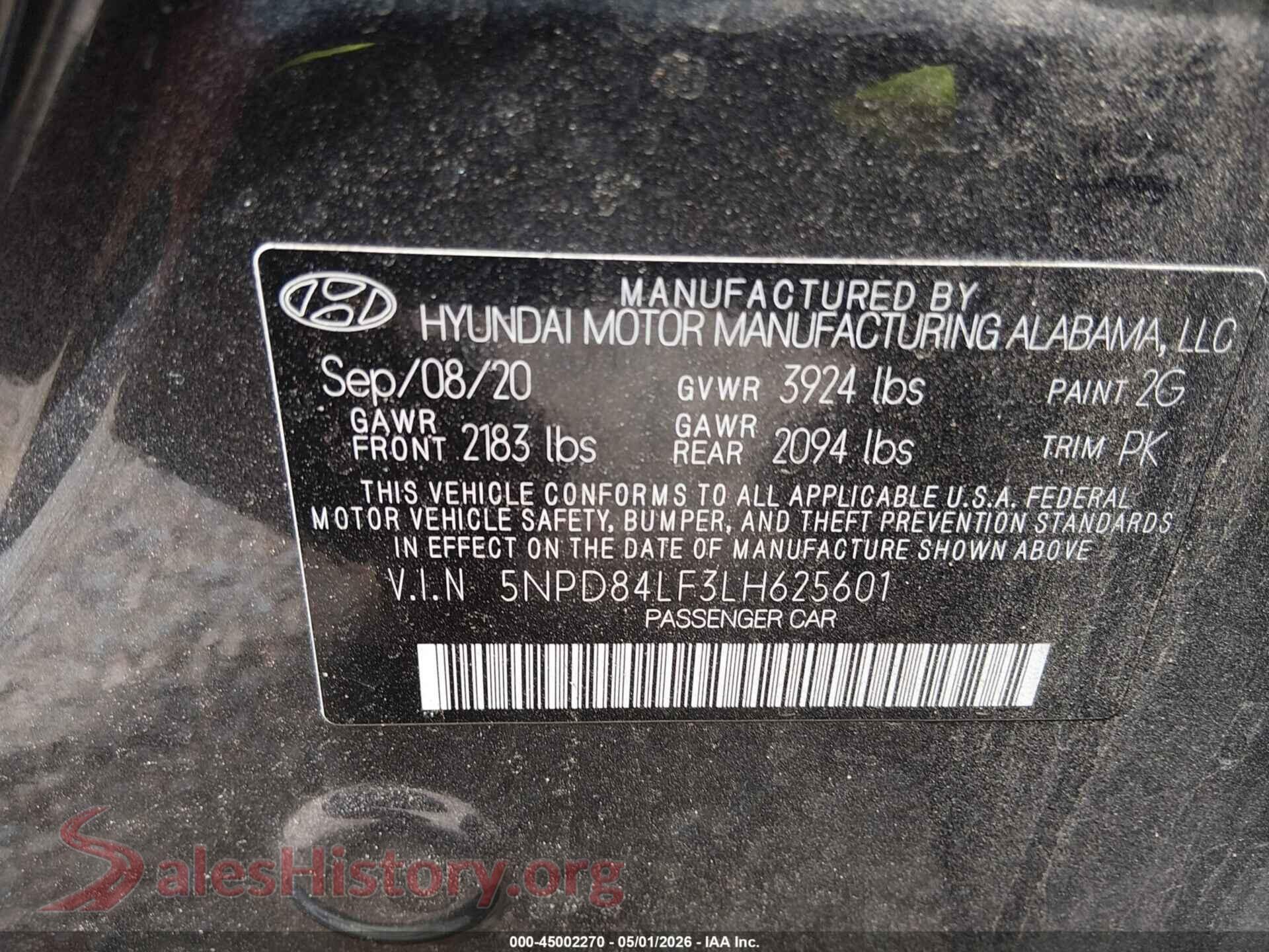 2020 HYUNDAI ELANTRA VIN 5NPD84LF3LH625601, engine bay