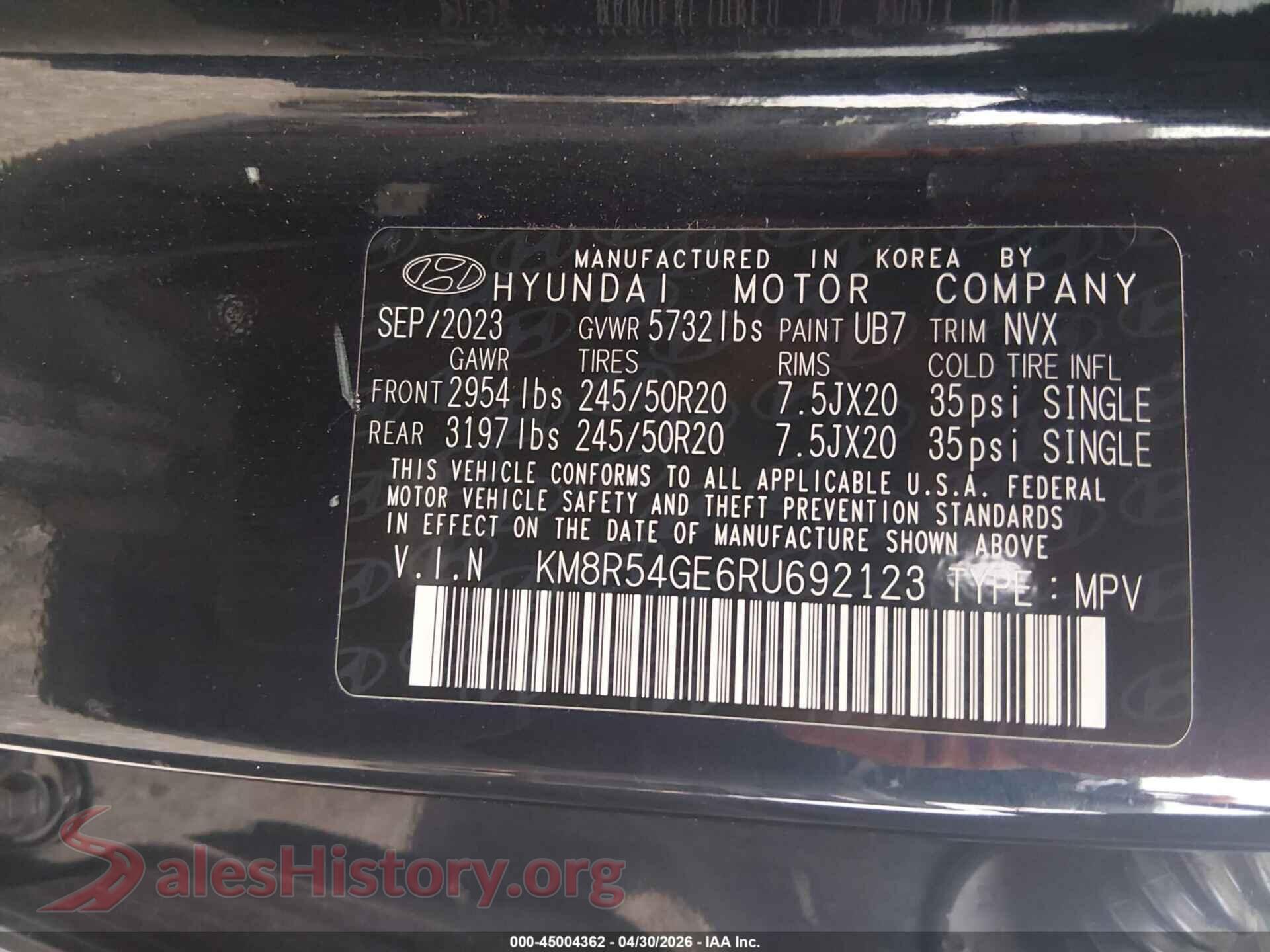 2024 HYUNDAI PALISADE VIN KM8R54GE6RU692123, engine bay