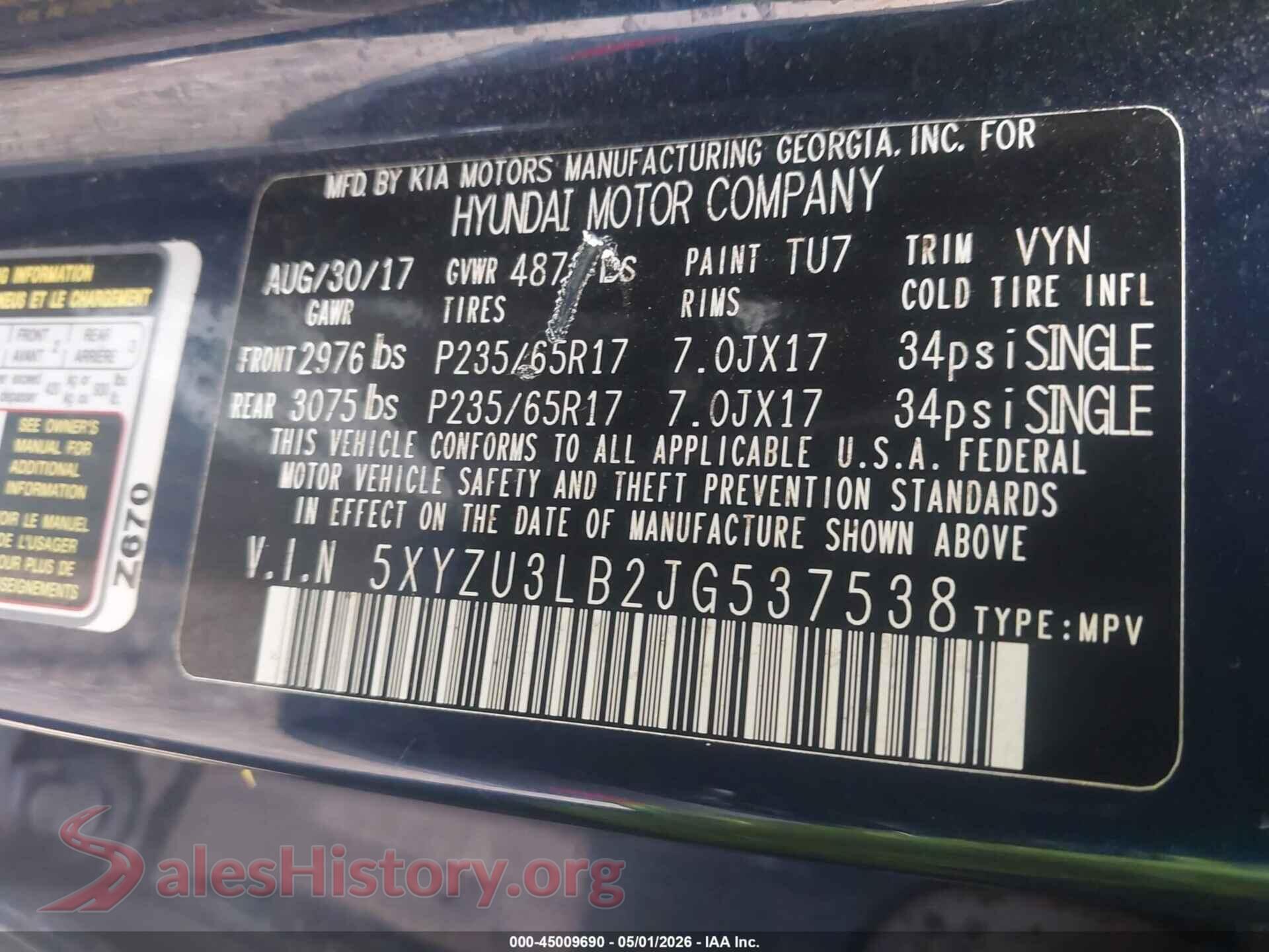 2018 HYUNDAI SANTA FE SPORT VIN 5XYZU3LB2JG537538, engine bay