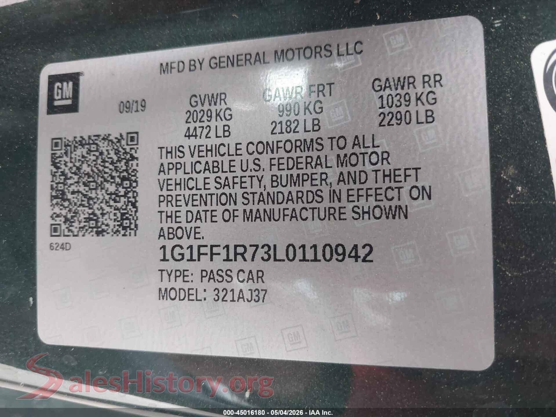 2020 CHEVROLET CAMARO VIN 1G1FF1R73L0110942, engine bay