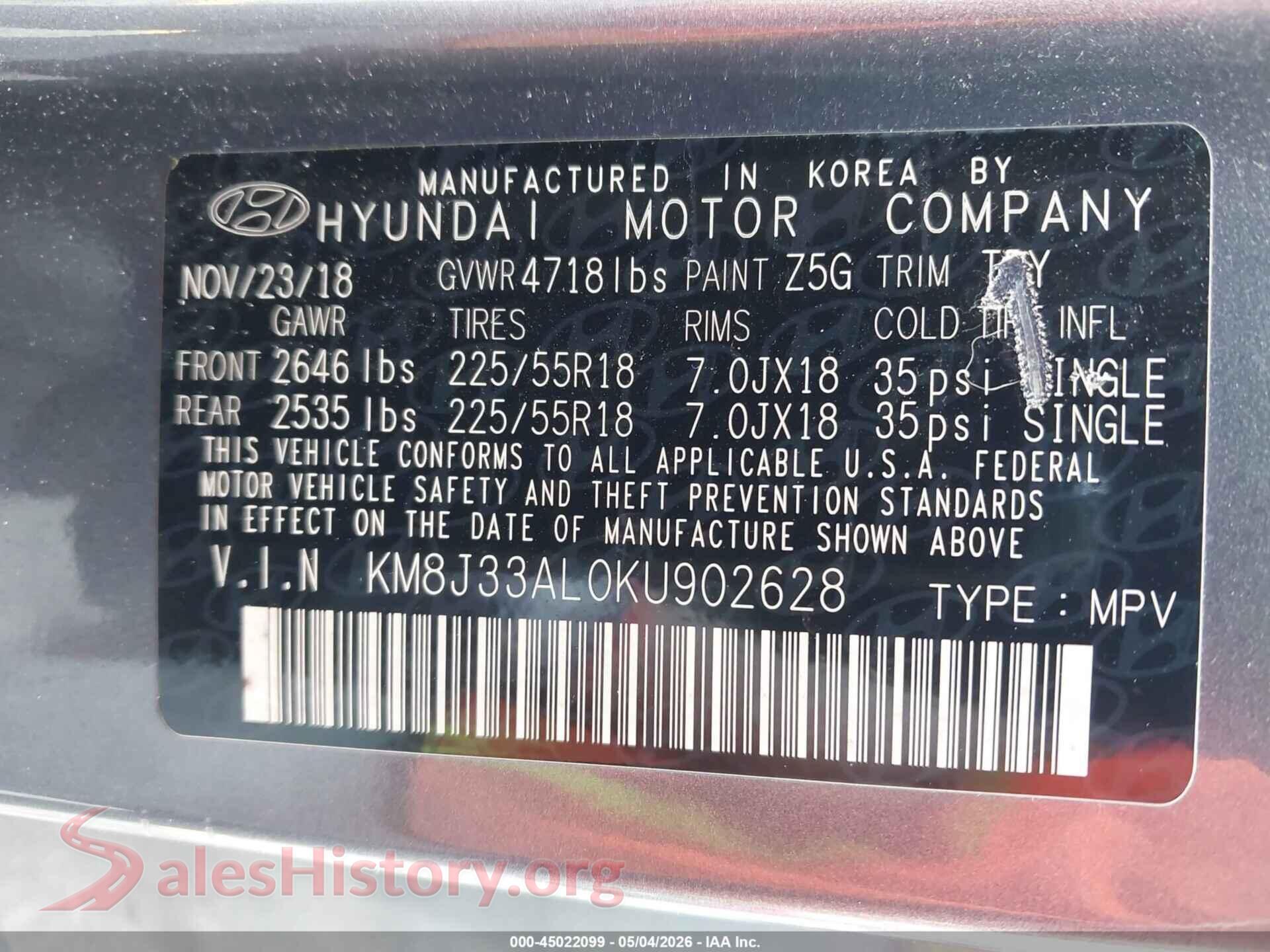 2019 HYUNDAI TUCSON VIN KM8J33AL0KU902628, engine bay