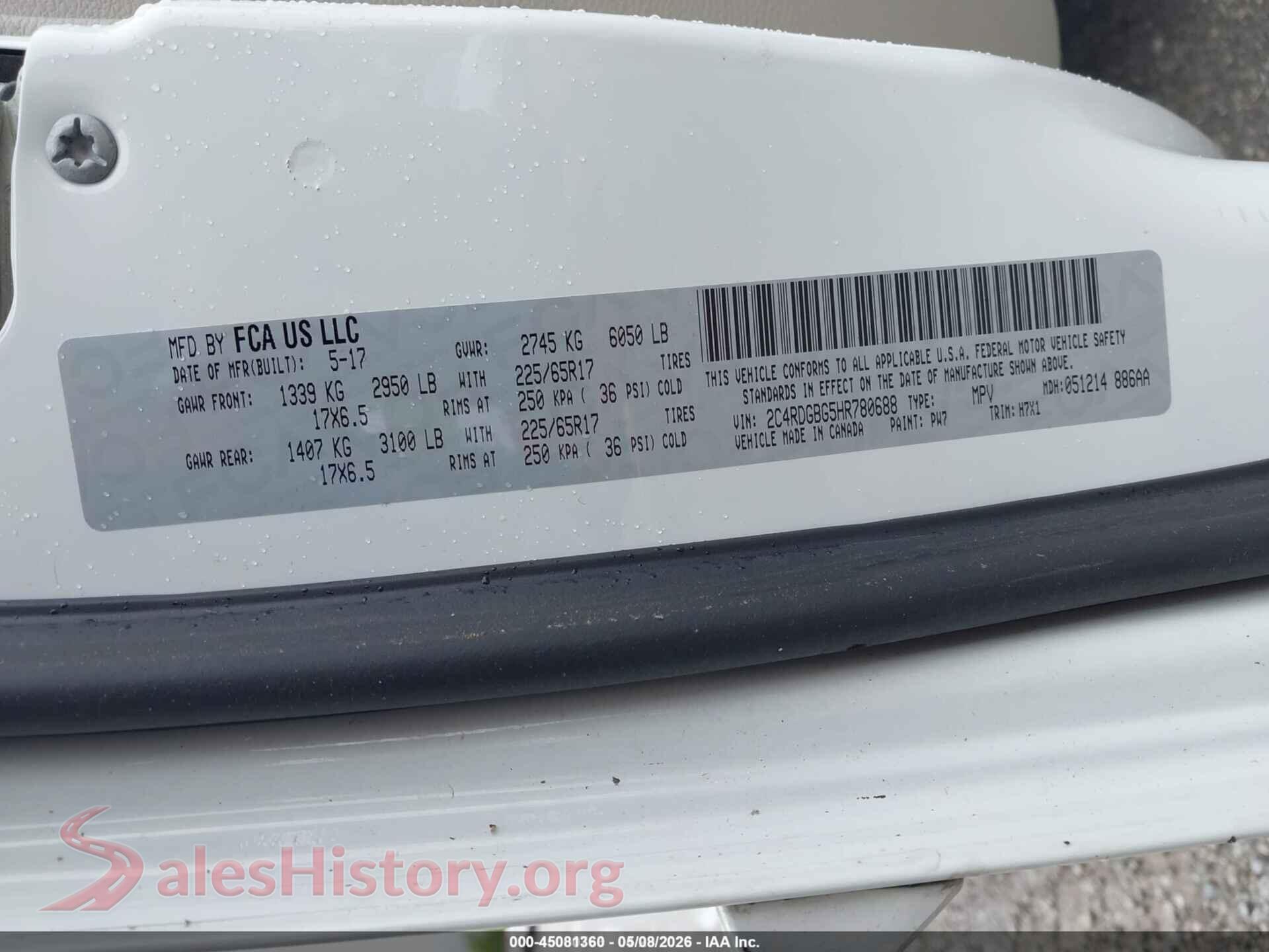 2017 DODGE GRAND CARAVAN VIN 2C4RDGBG5HR780688, engine bay