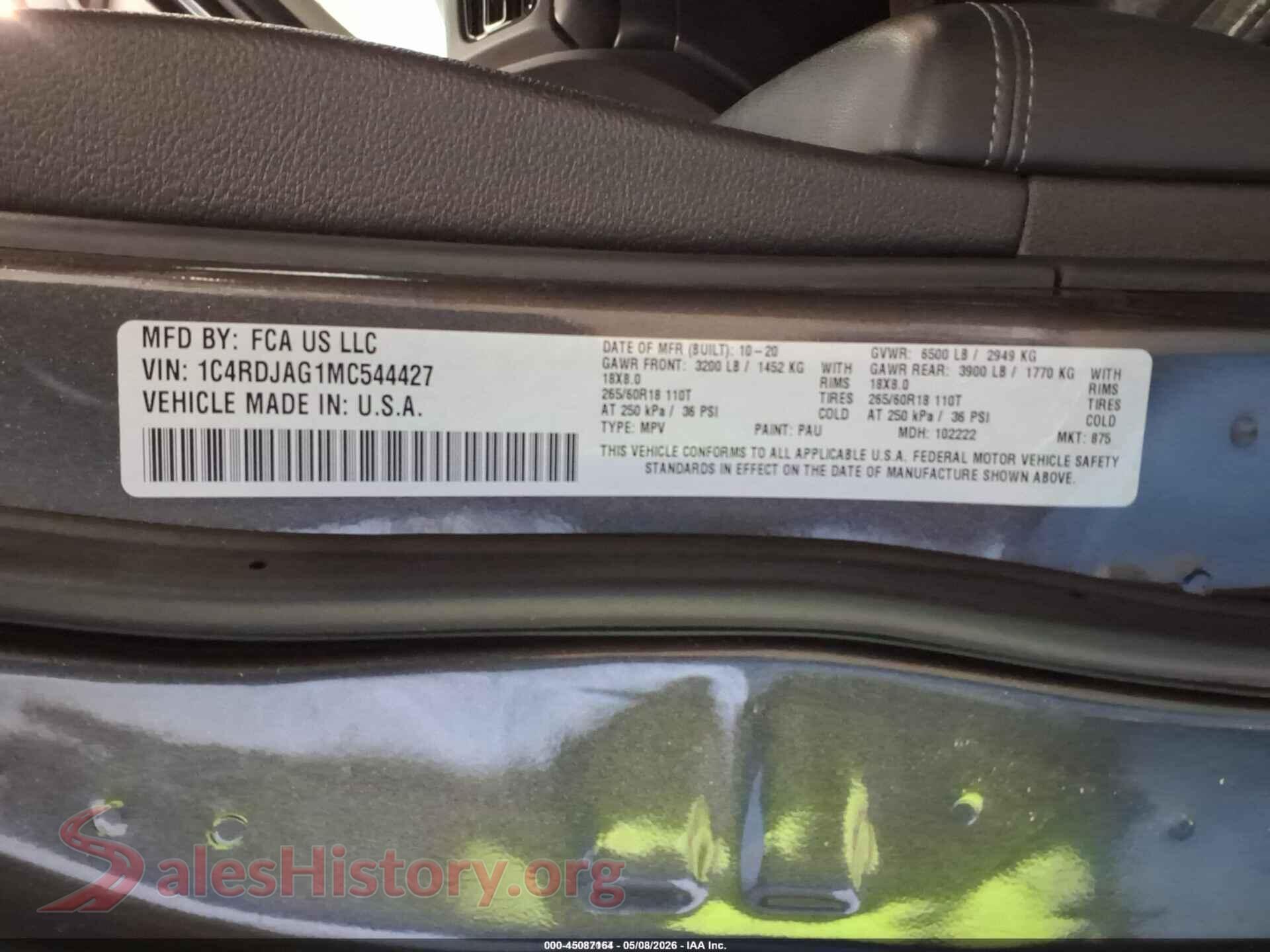 2021 DODGE DURANGO VIN 1C4RDJAG1MC544427, engine bay