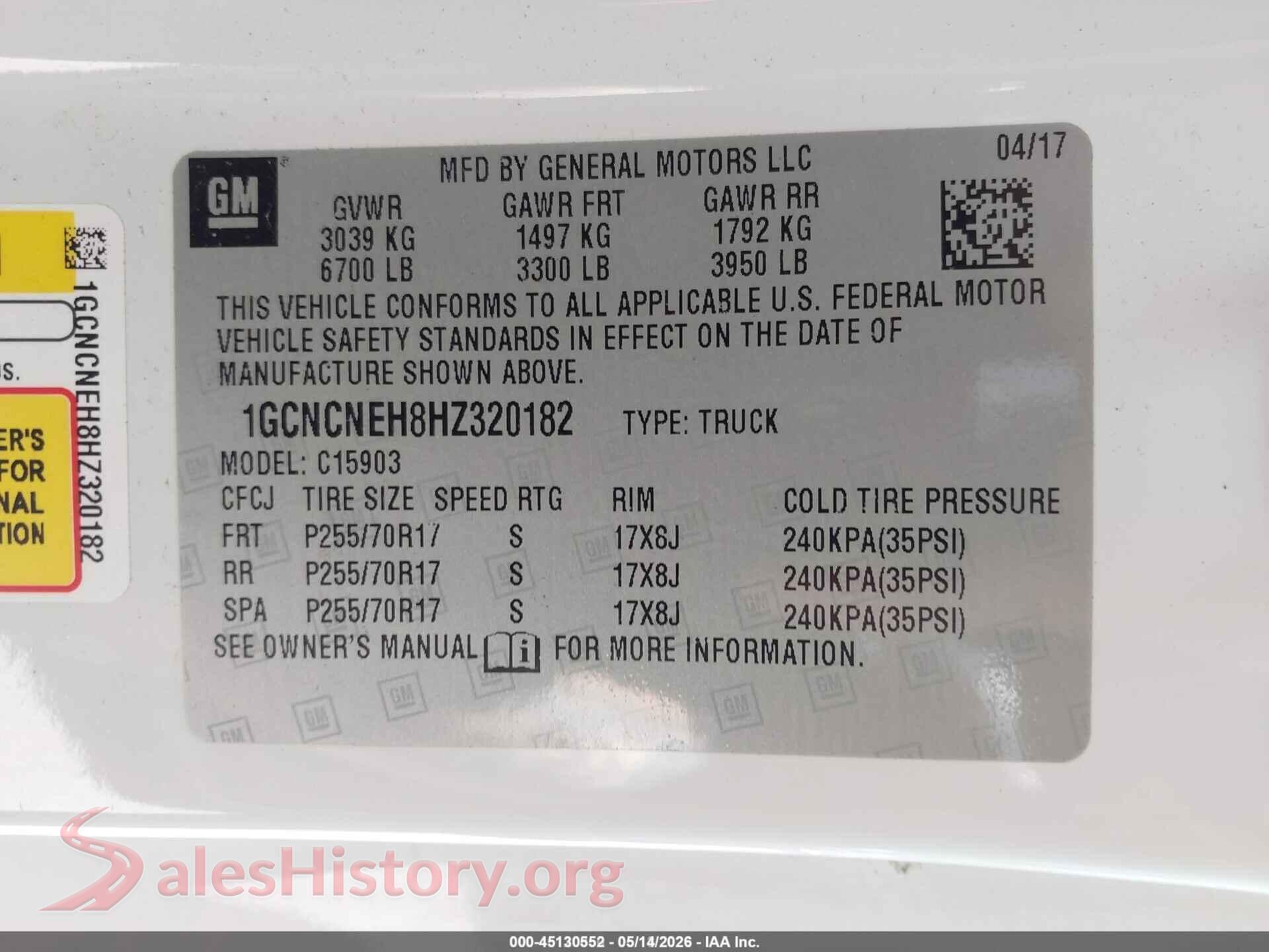 2017 CHEVROLET SILVERADO 1500 VIN 1GCNCNEH8HZ320182, engine bay