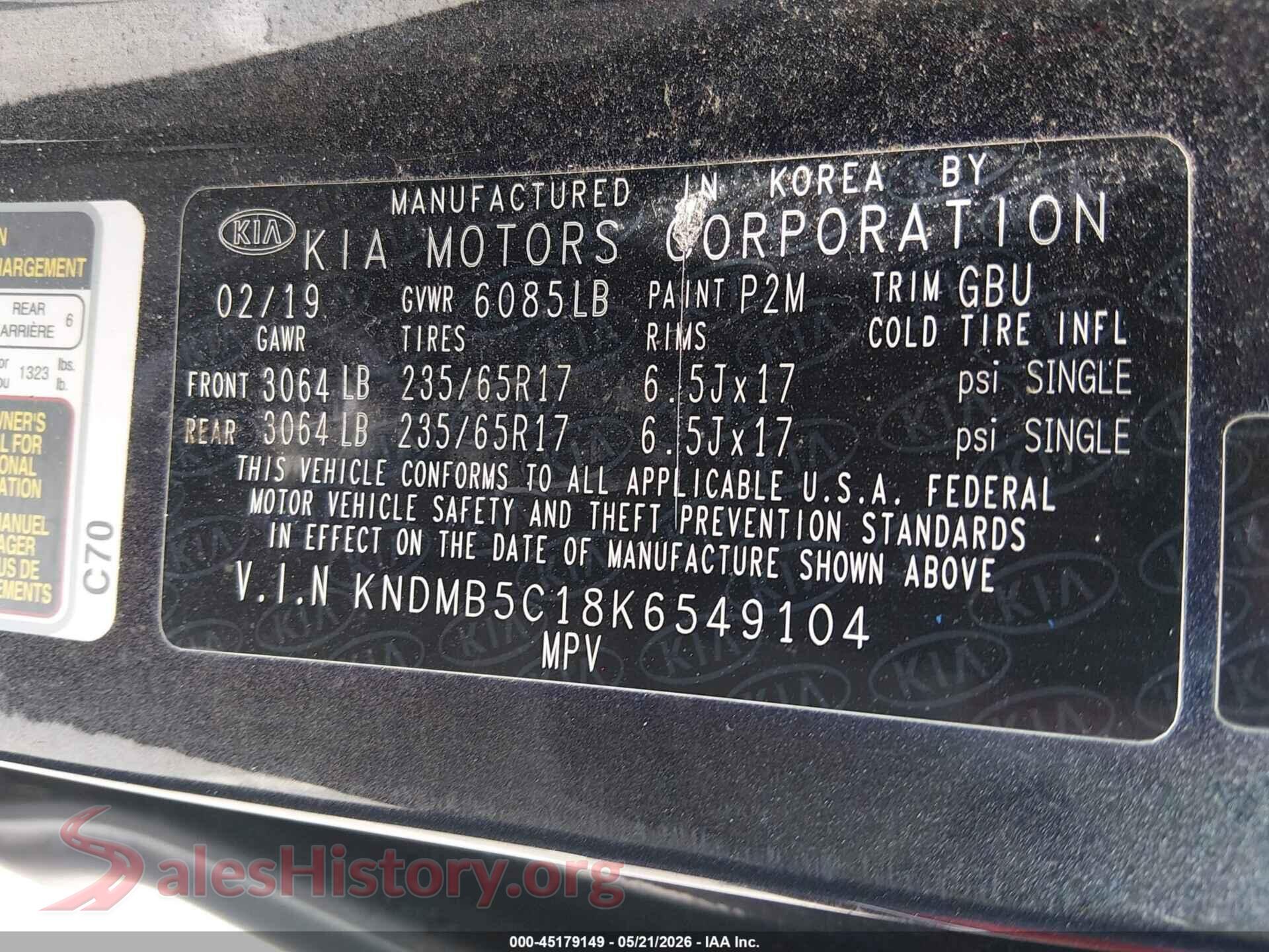 2019 KIA SEDONA VIN KNDMB5C18K6549104, engine bay