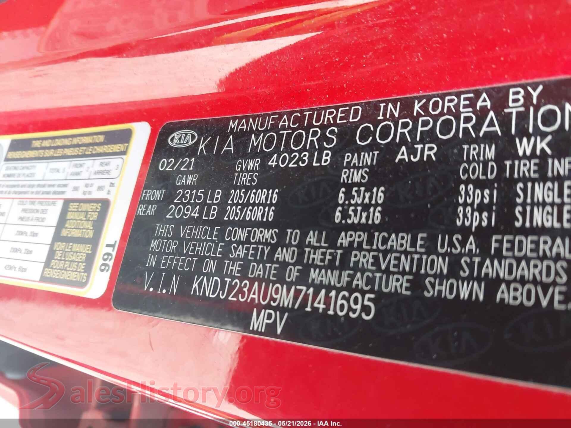 2021 KIA SOUL VIN KNDJ23AU9M7141695, engine bay