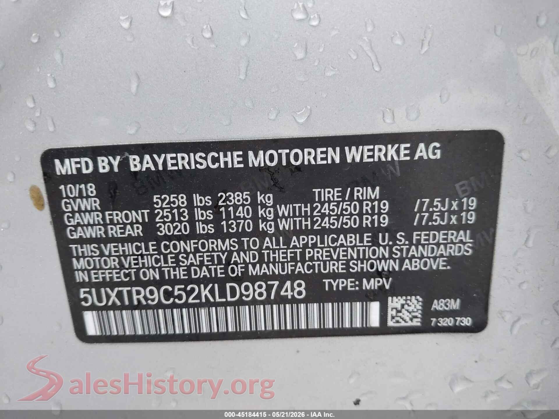 2019 BMW X3 VIN 5UXTR9C52KLD98748, engine bay