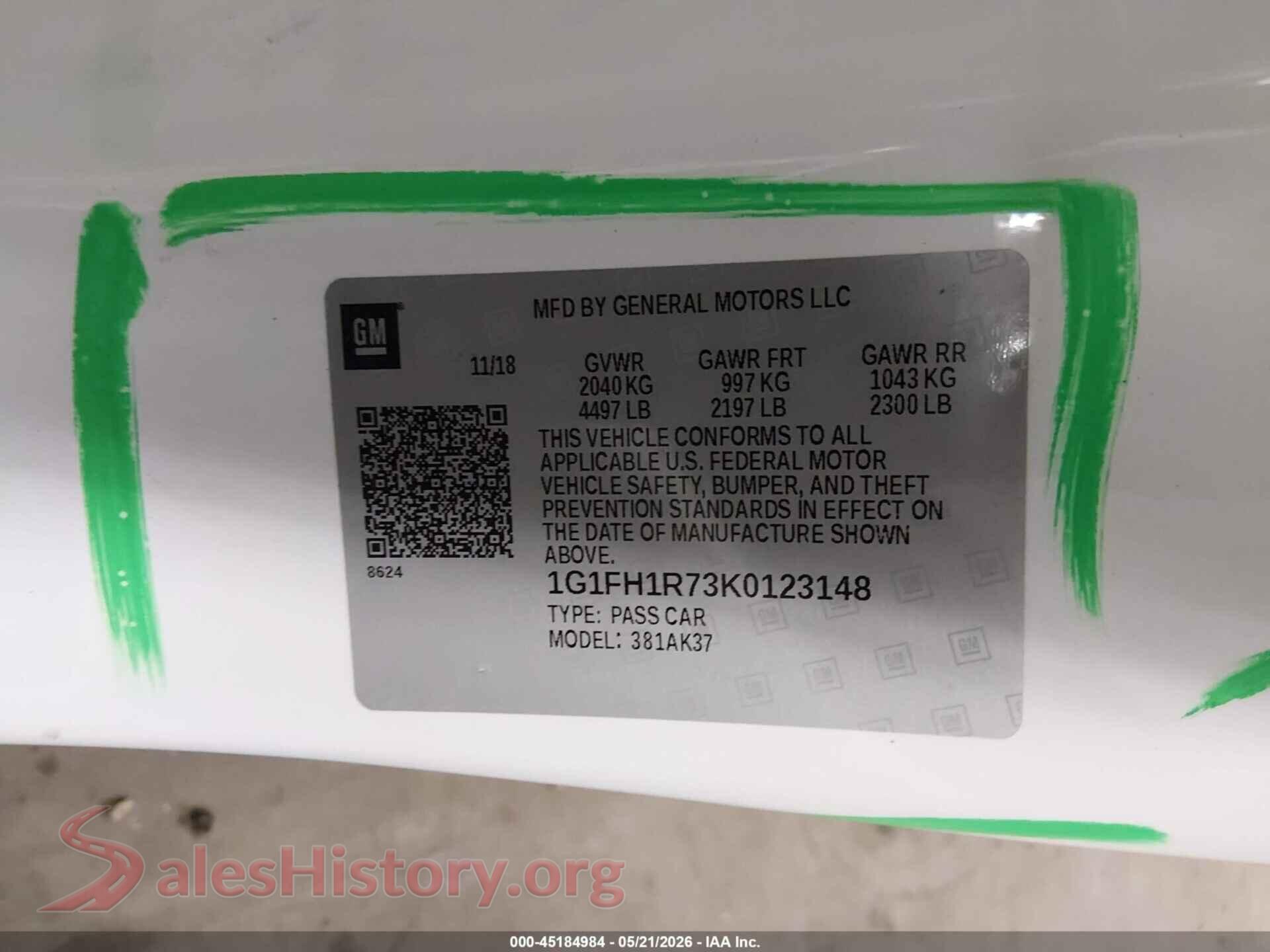 2019 CHEVROLET CAMARO VIN 1G1FH1R73K0123148, engine bay