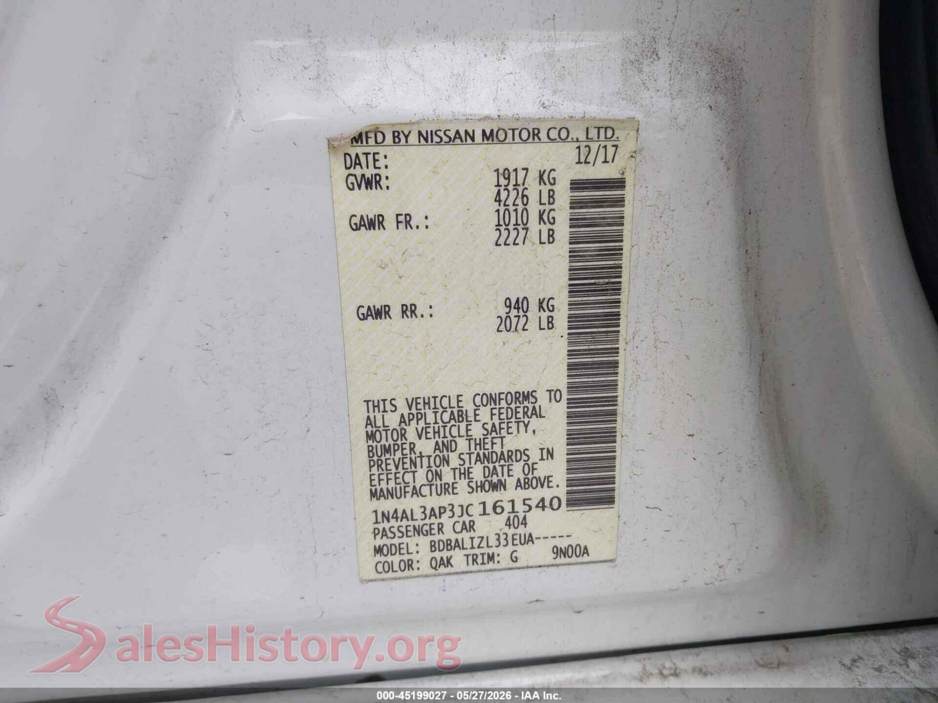2018 NISSAN ALTIMA VIN 1N4AL3AP3JC161540, engine bay