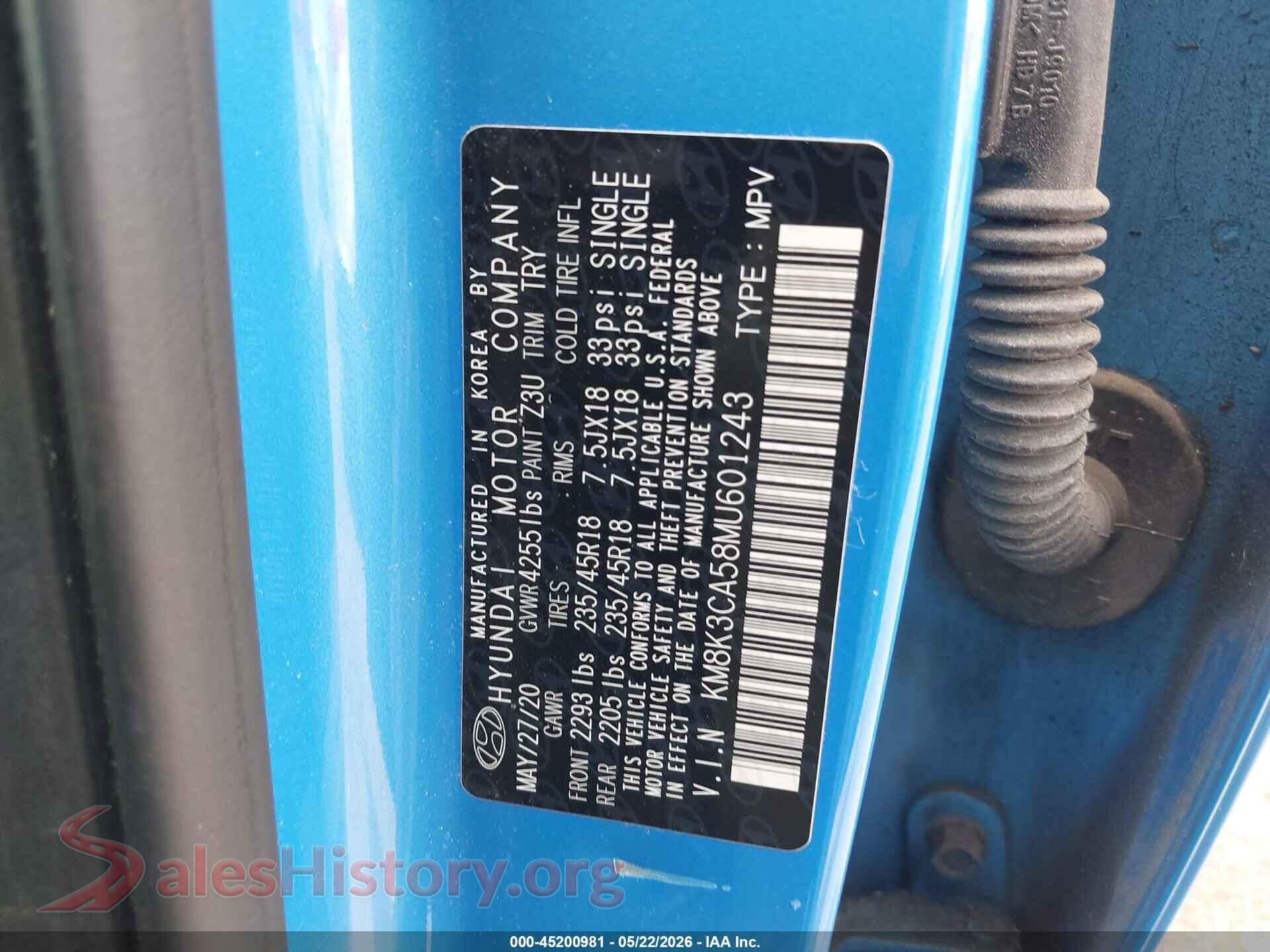 2021 HYUNDAI KONA VIN KM8K3CA58MU601243, engine bay