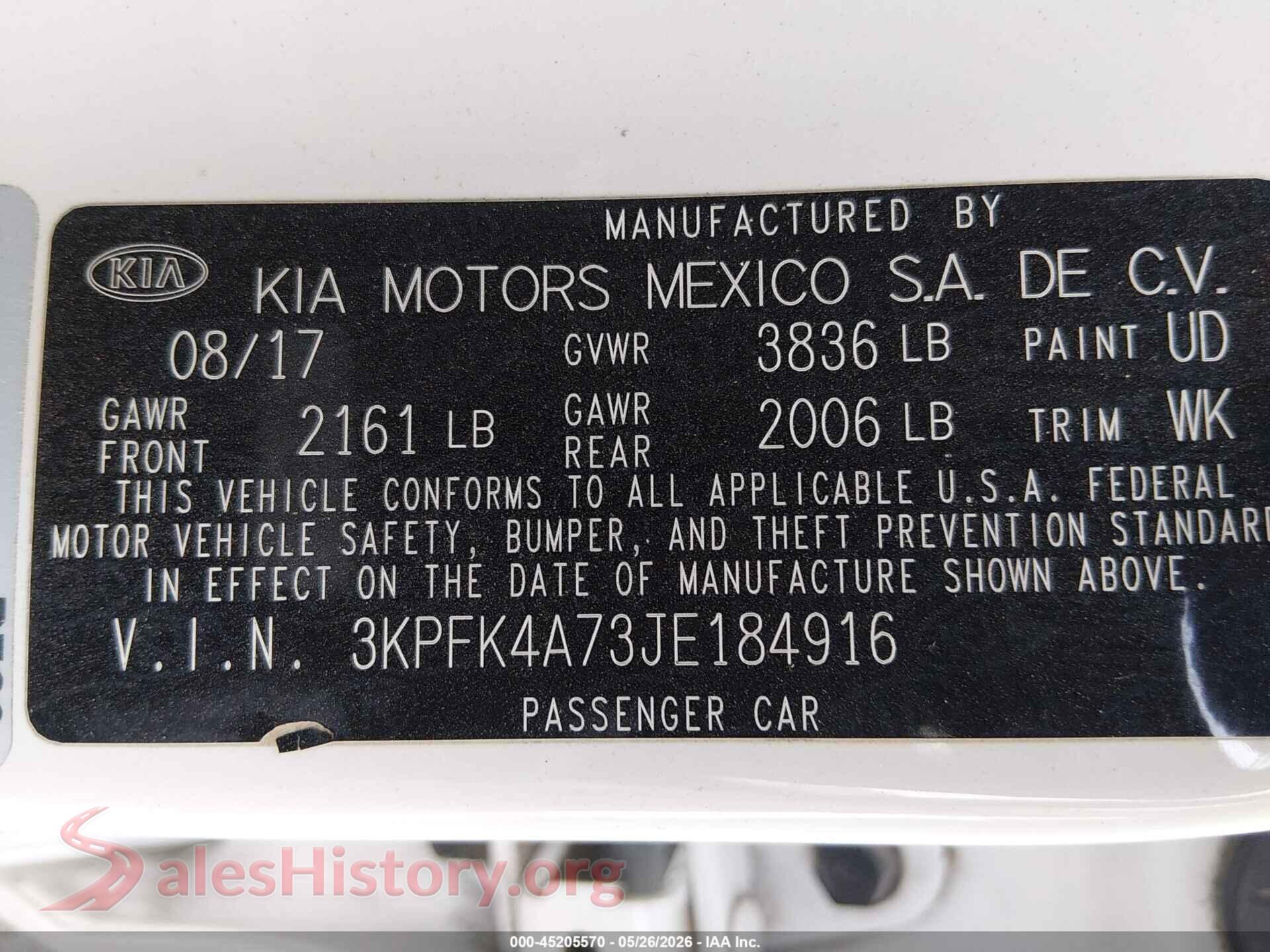 2018 KIA FORTE VIN 3KPFK4A73JE184916, engine bay