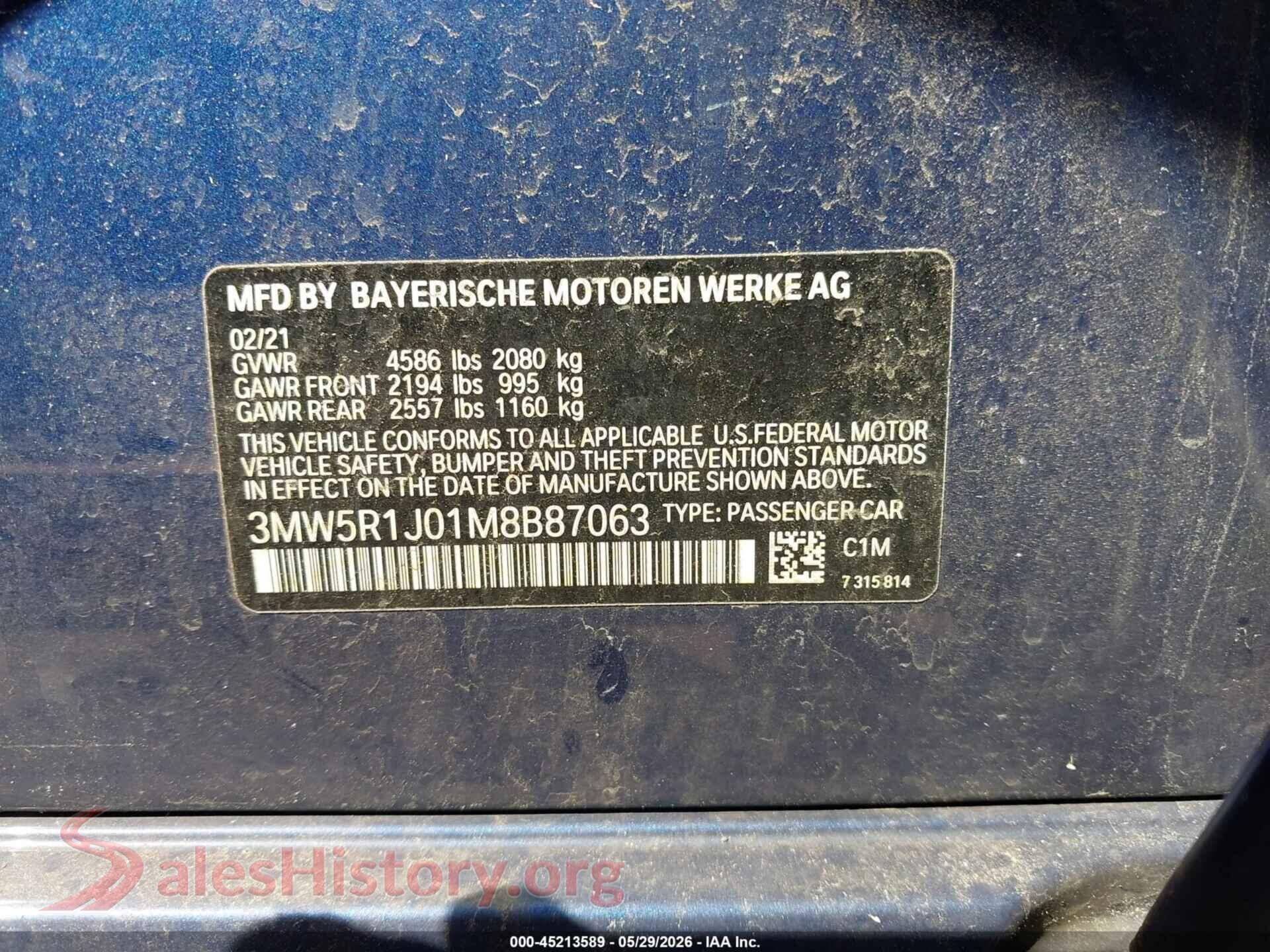 2021 BMW 330I VIN 3MW5R1J01M8B87063, engine bay