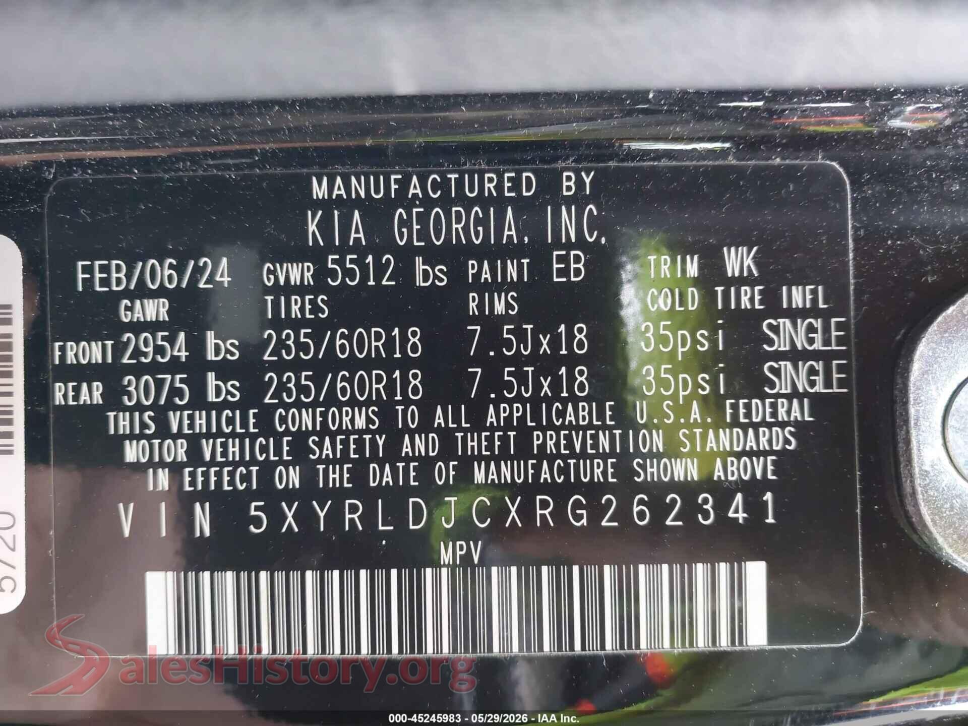2024 KIA SORENTO VIN 5XYRLDJCXRG262341, engine bay