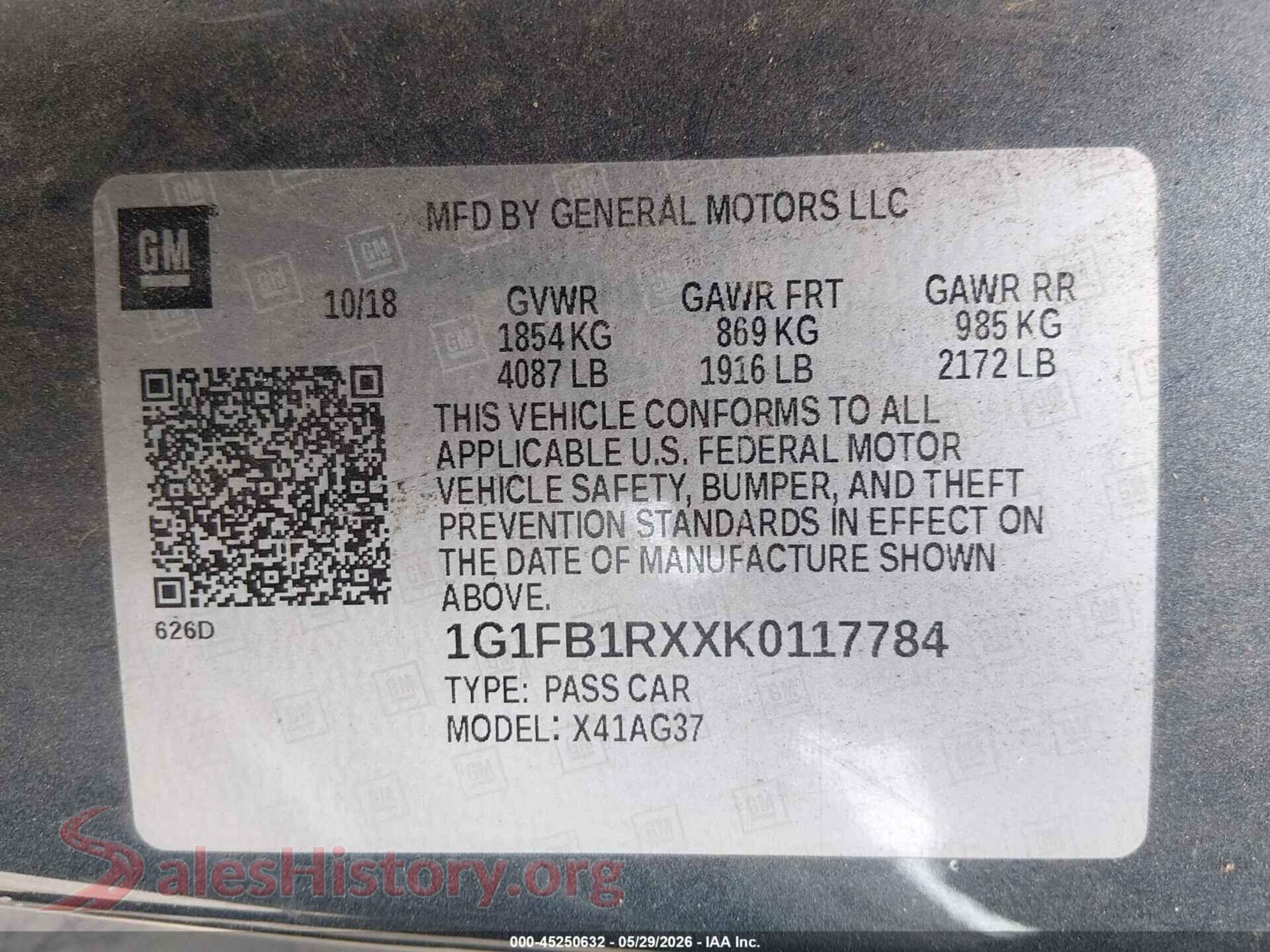 2019 CHEVROLET CAMARO VIN 1G1FB1RXXK0117784, engine bay
