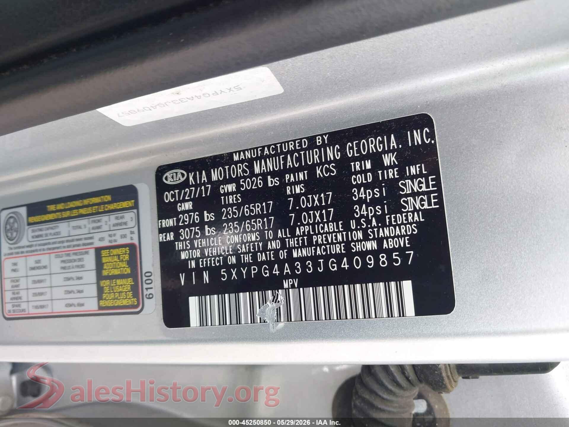 2018 KIA SORENTO VIN 5XYPG4A33JG409857, engine bay
