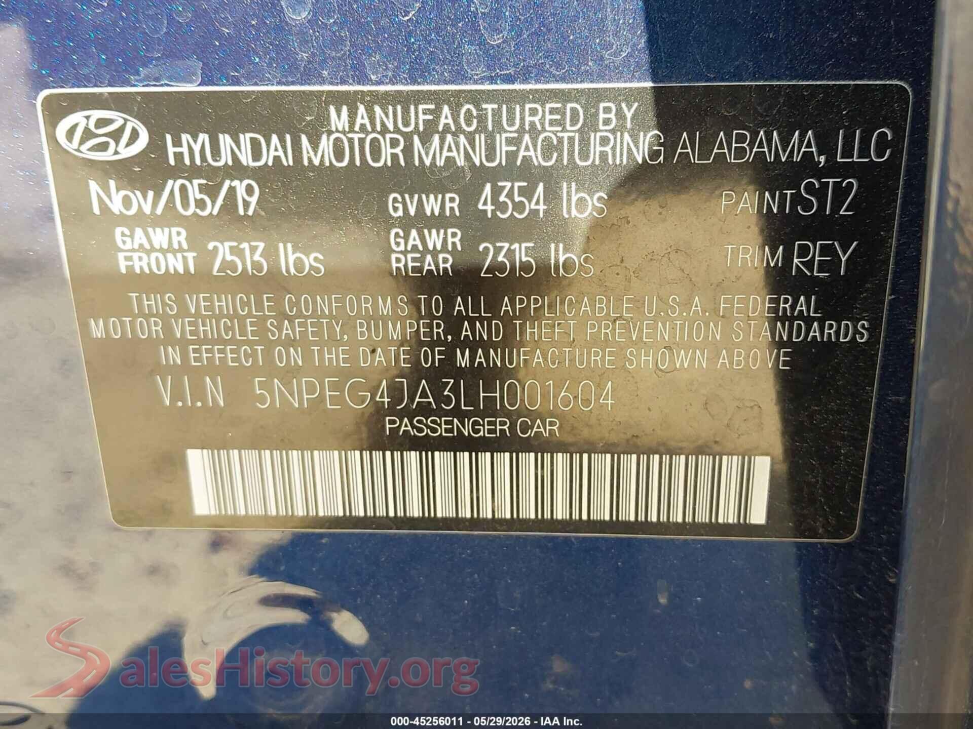 2020 HYUNDAI SONATA VIN 5NPEG4JA3LH001604, engine bay